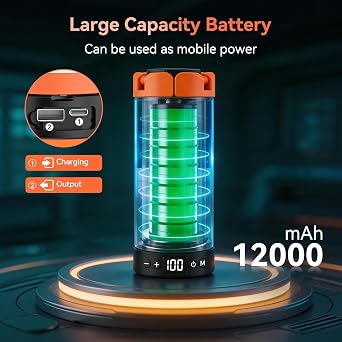 AKOFUN Camping Lights with Stand, 12000mAh Rechargeable Work Light Max Height 75, Telescoping Portable Outdoor Lights with 3 LED Lamp Heads, Magnetic Emergency Flashlight, Detachable Tripod, Orange