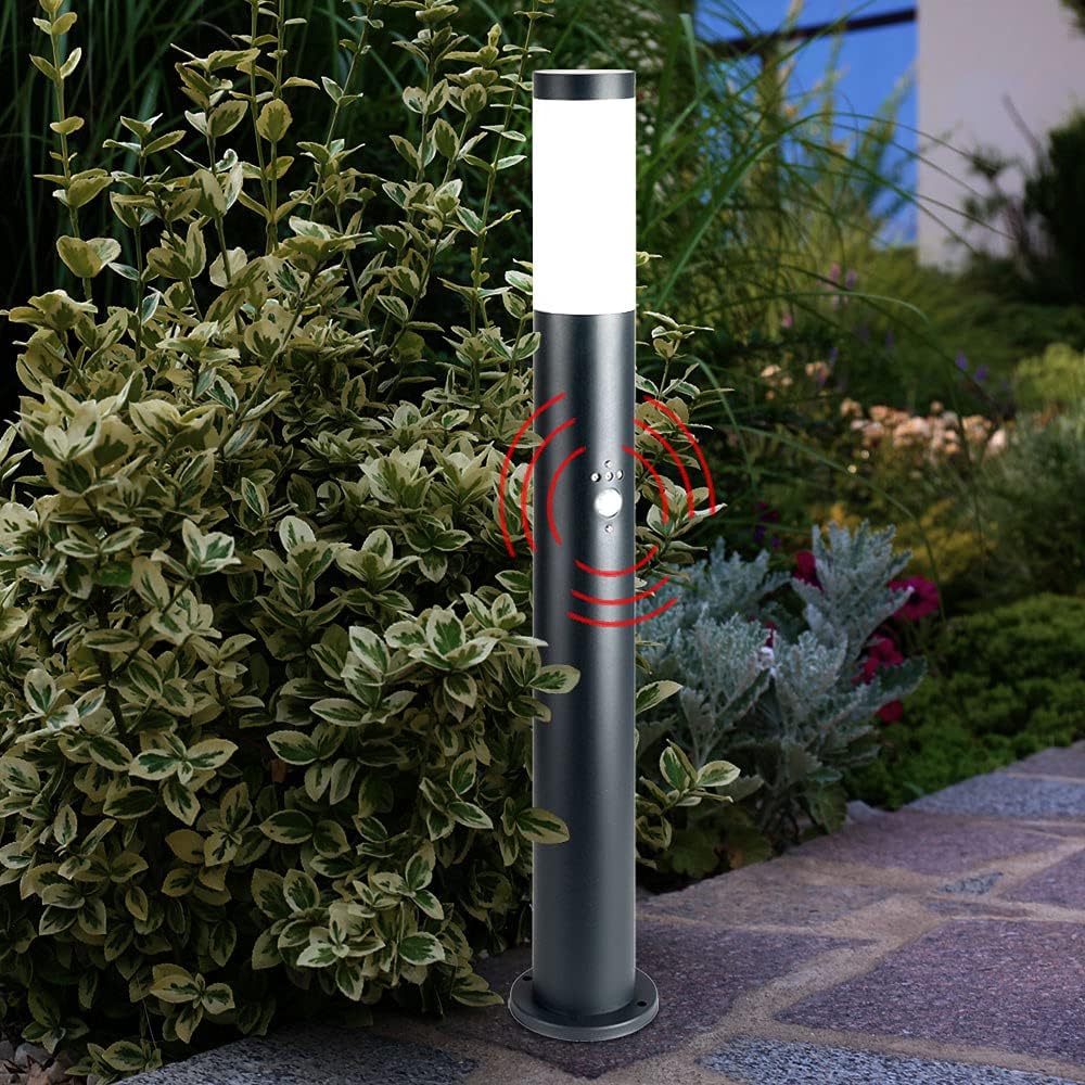 Close-up of the Globo Lighting BOSTON pedestal light showing the motion sensor with red circles indicating its detection field.