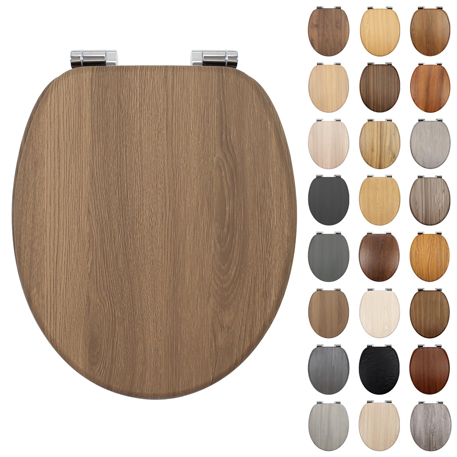 Fanmitrk Wooden Toilet Seat with Oak Effect Finish, Soft Close, MDF Bottom-Fixing Hinges, Easy-Clean for Bathrooms(SDFM8609-13-01) — image 1