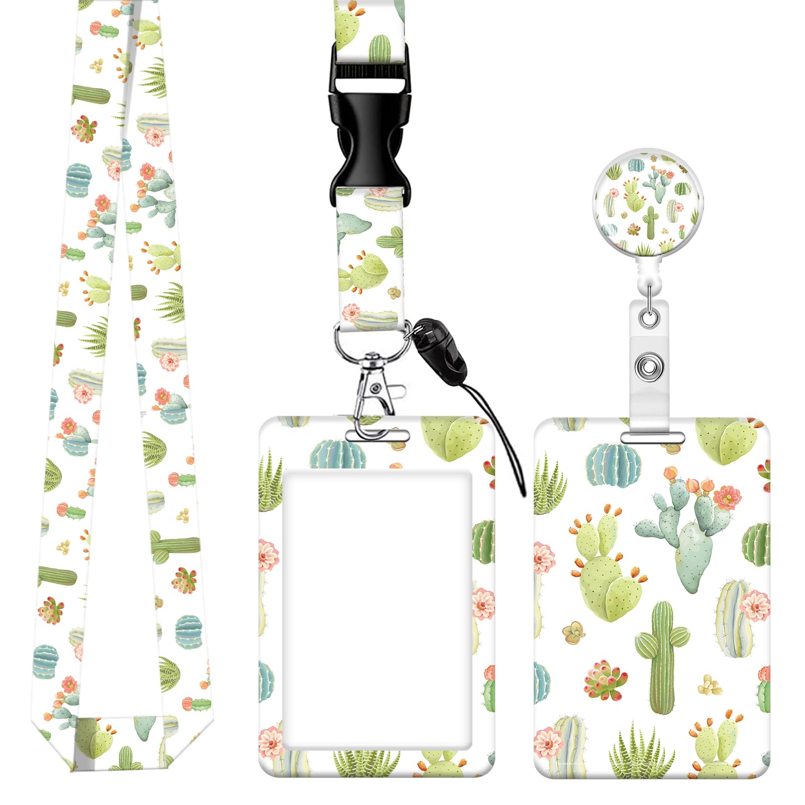 ID Badge Holder with Lanyard, Retractable Badge Holders Reels with Lanyards Adjustable, for Women Kids Teacher Nurses Doctor Student(Cute Cactus)
