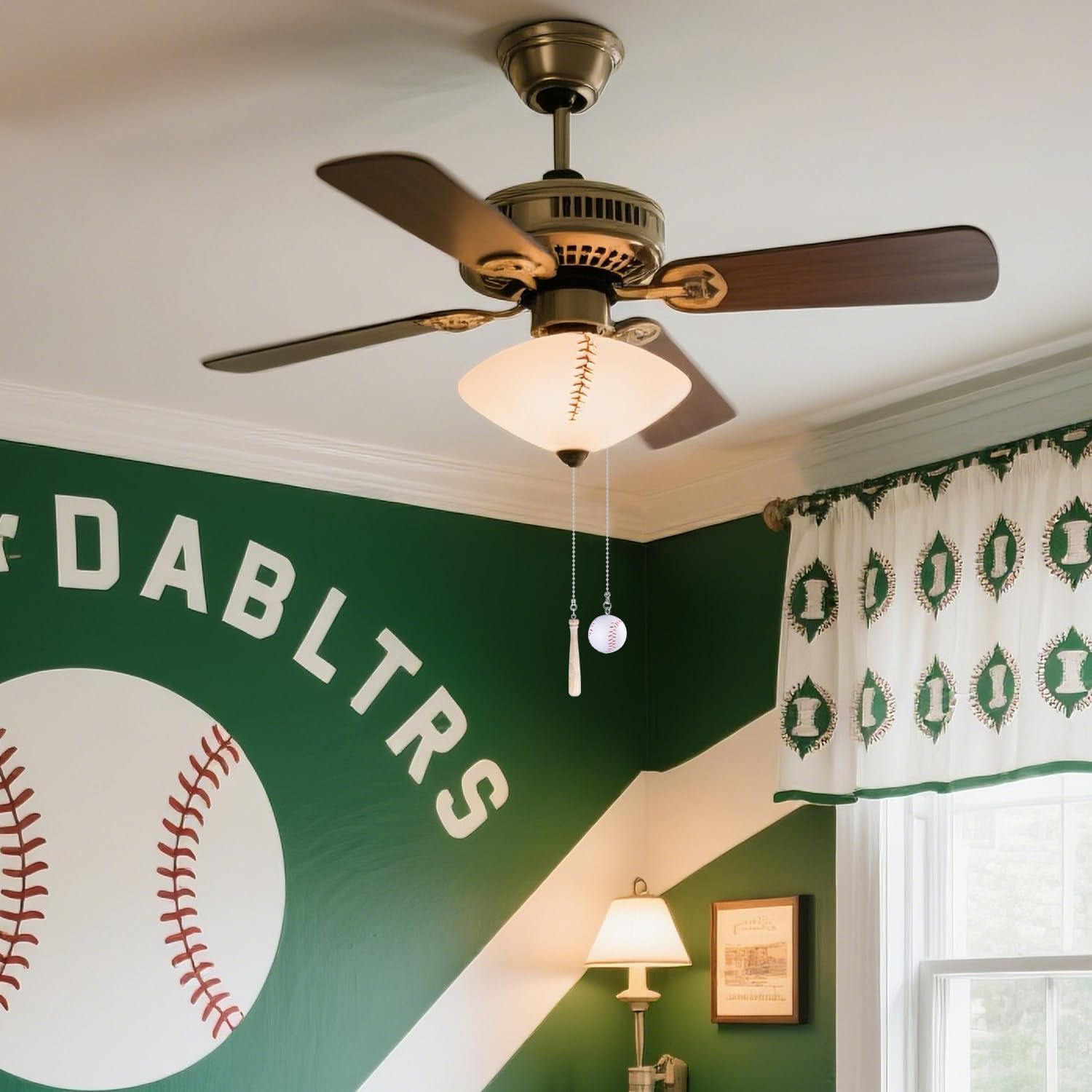 2Pcs Baseball Ceiling Fan Pull Chain, Sport Theme Fan String Charm Decorative Extension 14inches, 3mm Diameter Beaded Fan Light Chains Extender Ornaments with Connector