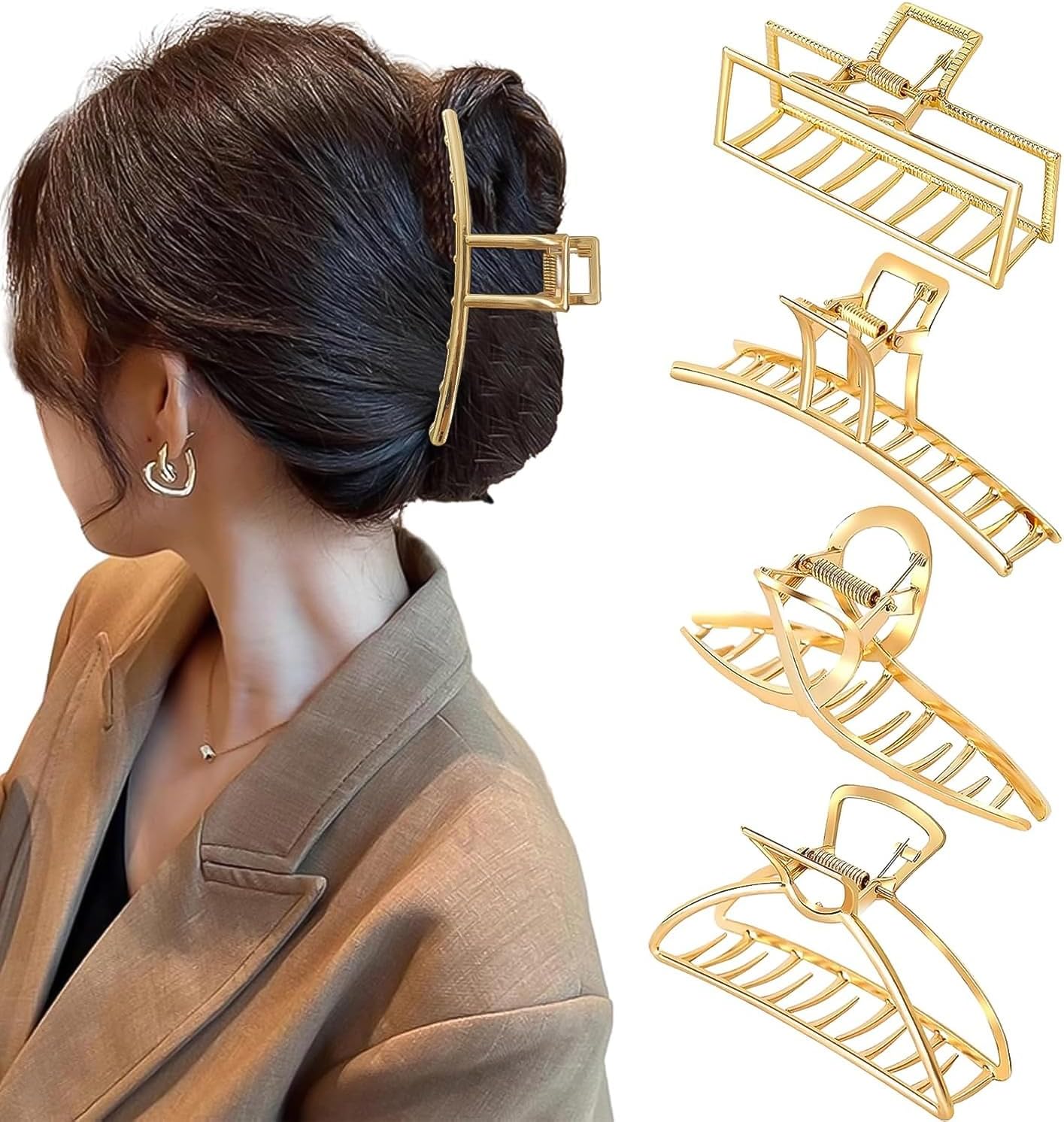 4 Pack Large Gold Hair Claw Clips for Women Thick Hair, French Design Metal Cross Banana Non-Slip Hair Catch Barrette Jaw Clamp Clips for Women and Girls