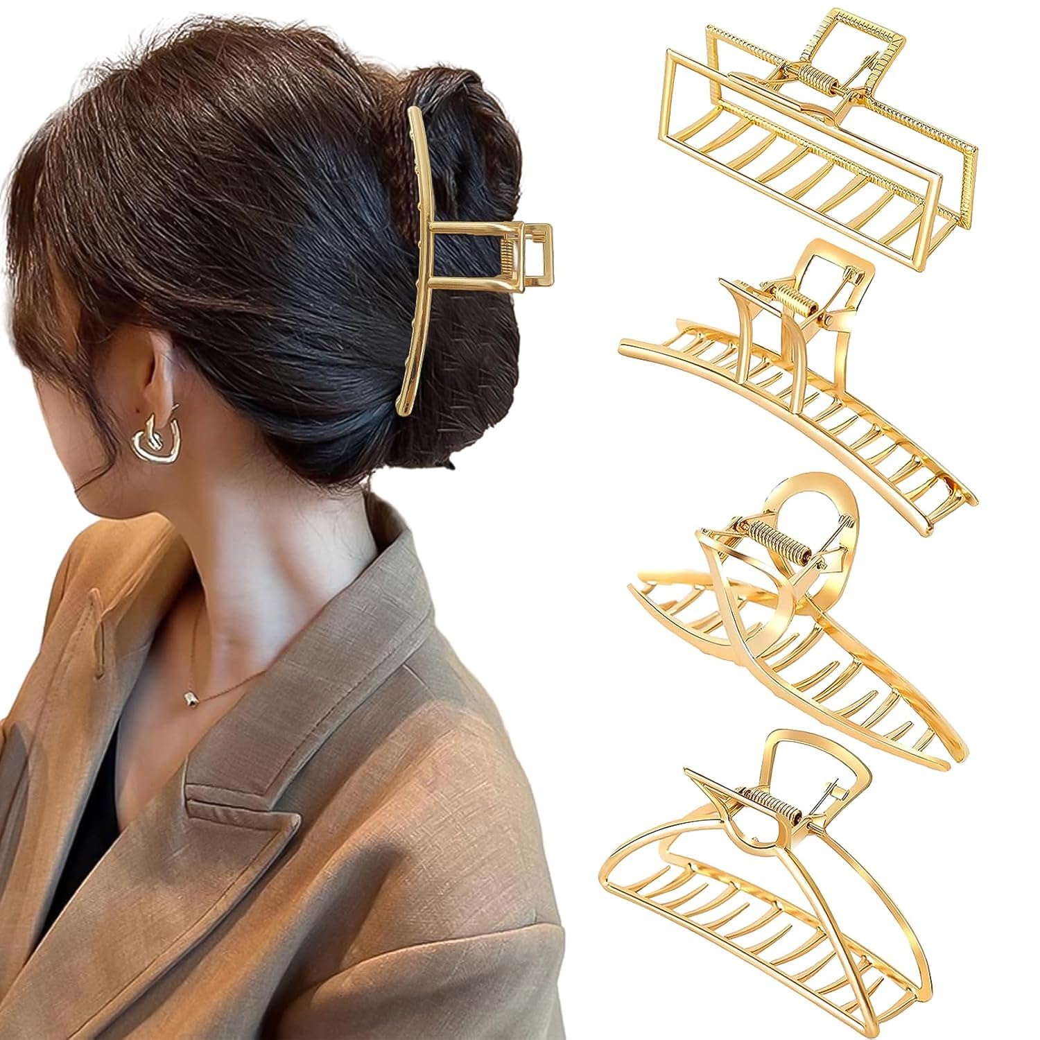 4 Pack Large Gold Hair Claw Clips for Women Thick Hair, French Design Metal Cross Banana Non-Slip Hair Catch Barrette Jaw Clamp Clips for Women and Girls