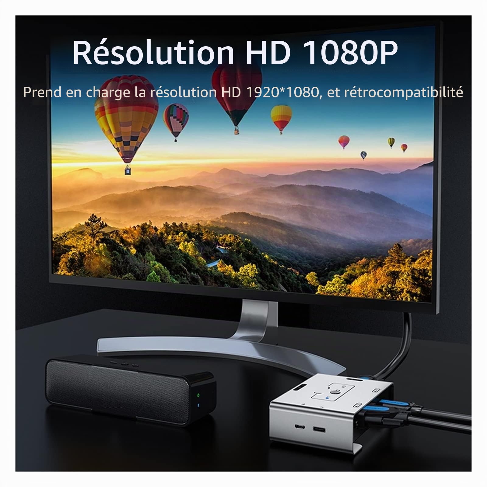 commutateur HDMI, Commutateur KVM HDMI + VGA vers VGA 2x1 1080P 60Hz commutateur vidéo for PC portable PS3/4/5 Xbox vers projecteur de moniteur TV Transmission De Signal Stable Haute RéSolution ( Colo