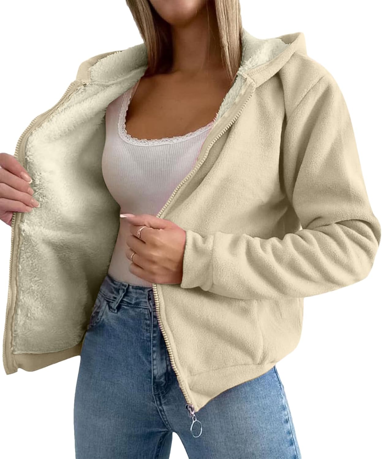 amropi Women's Casual Full Zip Up Sherpa Lined Hoodie Sweatshirt Jacket Coat