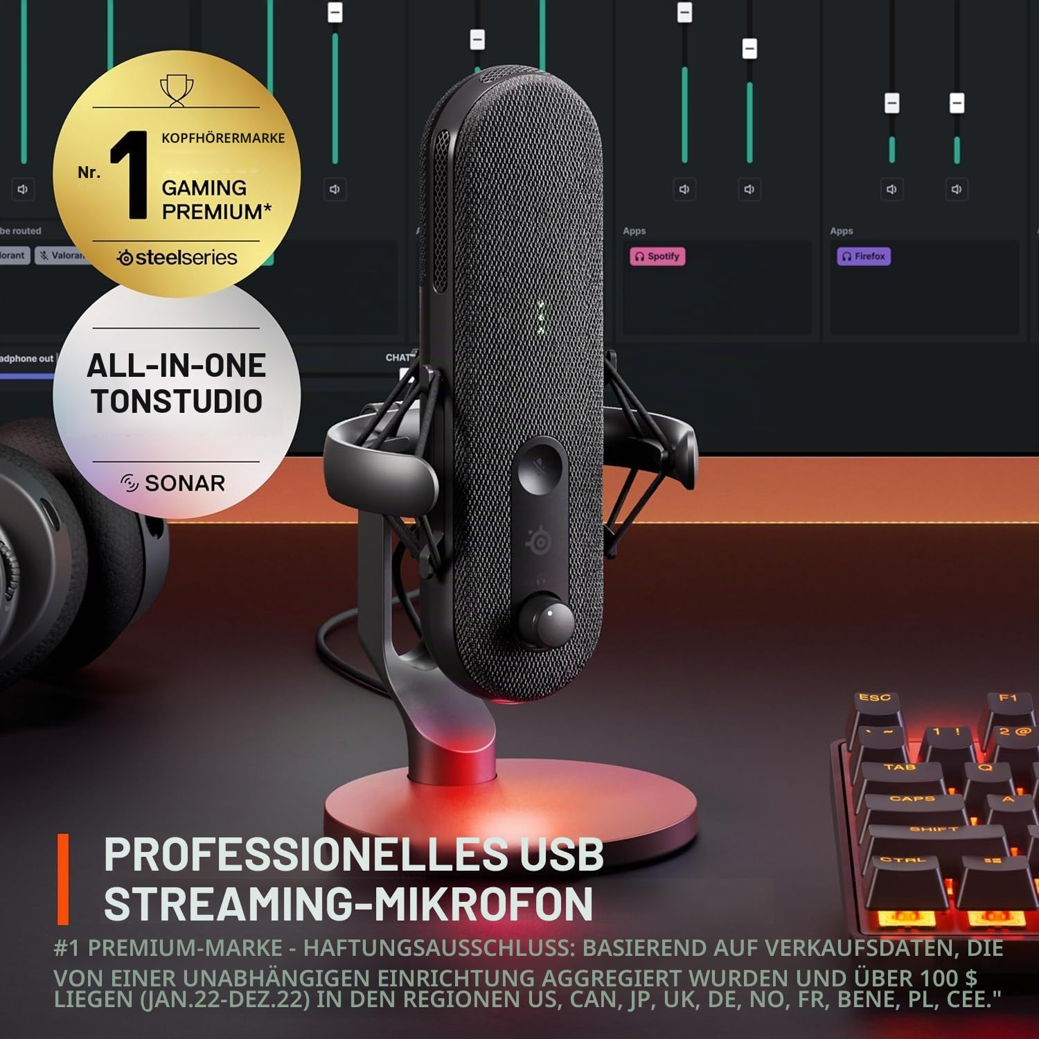 SteelSeries Alias USB-Mikrofon für PC Streaming und Podcasting – KI-gestützte Geräuschunterdrückung – LED-Stummschalttaste + Pegelüberwachung – Stoßdämpfer + Pro Mikrofon-Schwenkarm