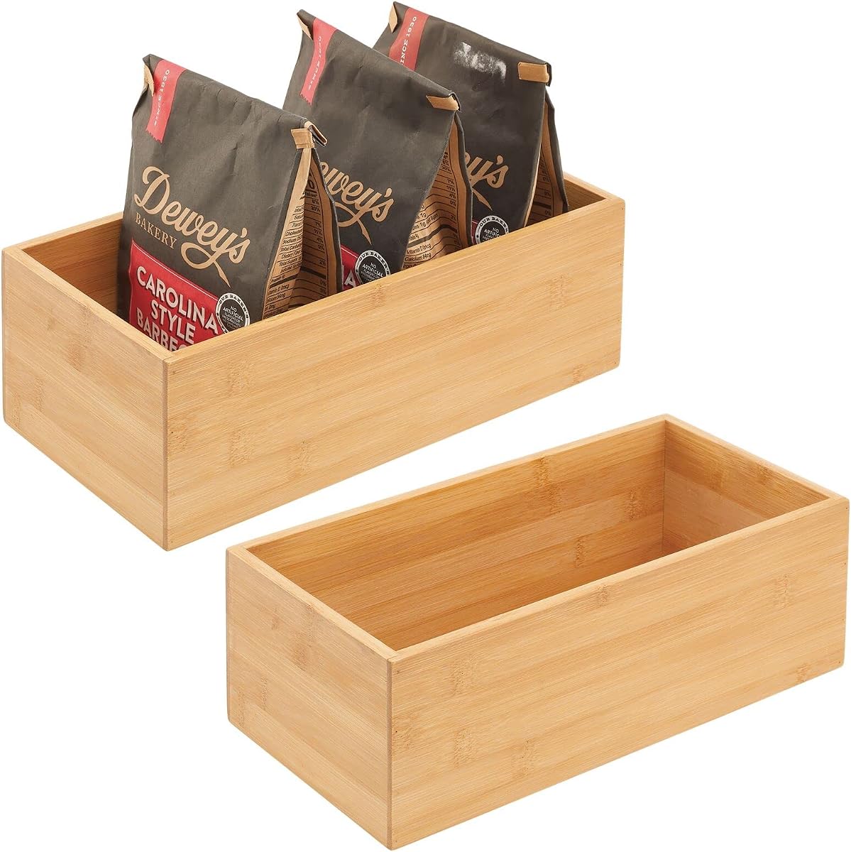 mDesign Caja organizadora de madera de bambú para almacenamiento de cocina, despensa y cajones; Soporte para bocadillos, cajas de jugo, utensilios, té, café - Colección Echo - Paquete de 2 - Natural