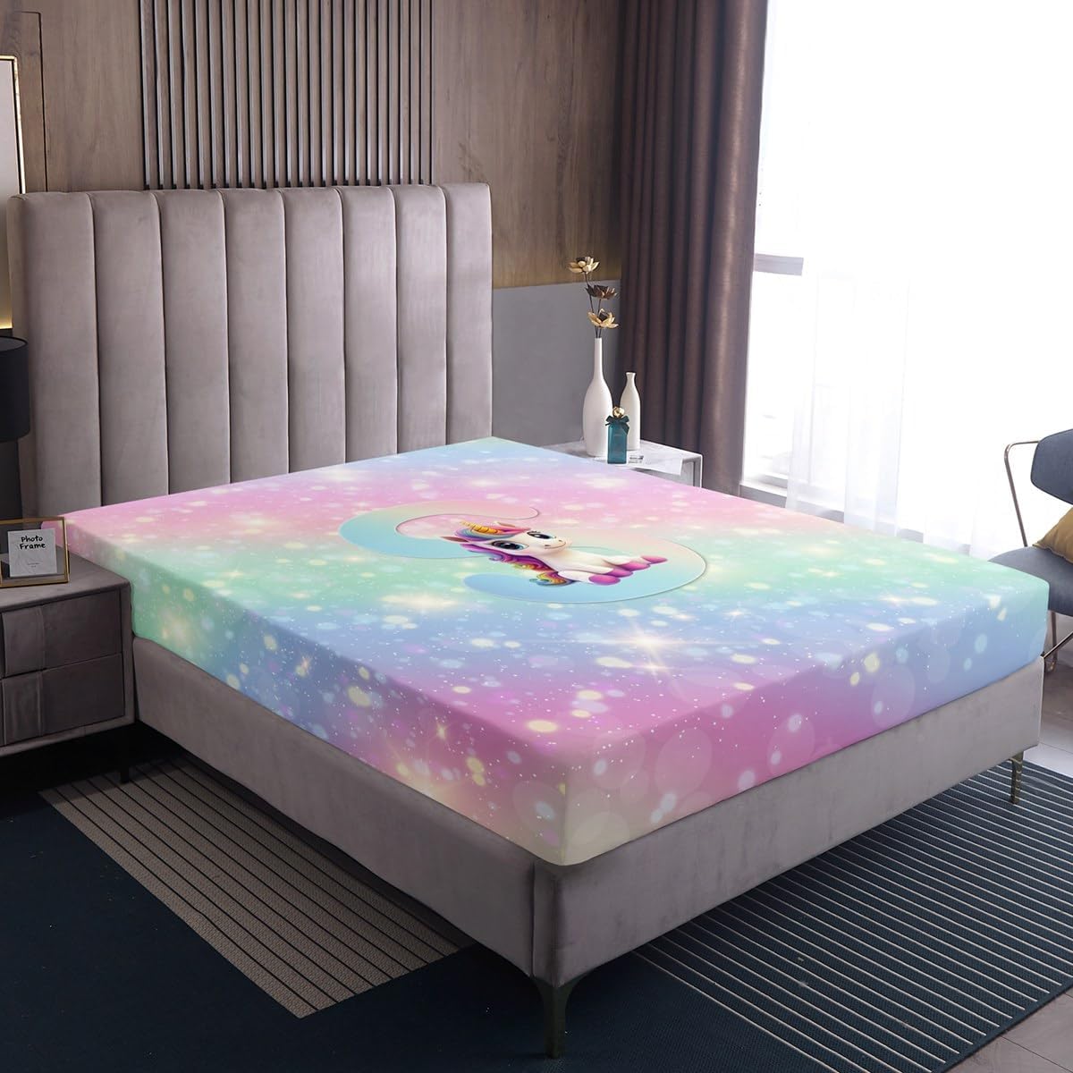Unicorn Girls Fitted Sheet Full for Kids Rainbow Pink Unicorn Bed Sheets, Galaxy Stars Gradient Glitter Bedding Set for Princess Style Room Decor Kawaii Cute Alphabet S Sheets, Lightweight