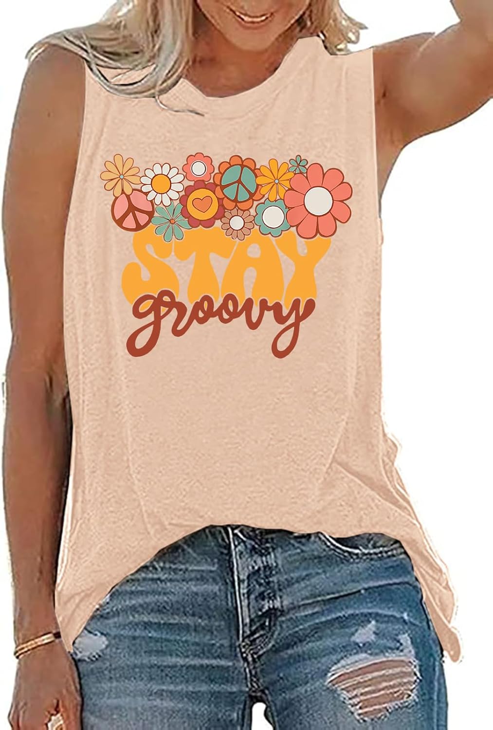 Retro Stay Groovy Tank Top Women Floral Graphic Tee Hippie Vintage 70s Disco Peace Casual Sleeveless Top - Image 2