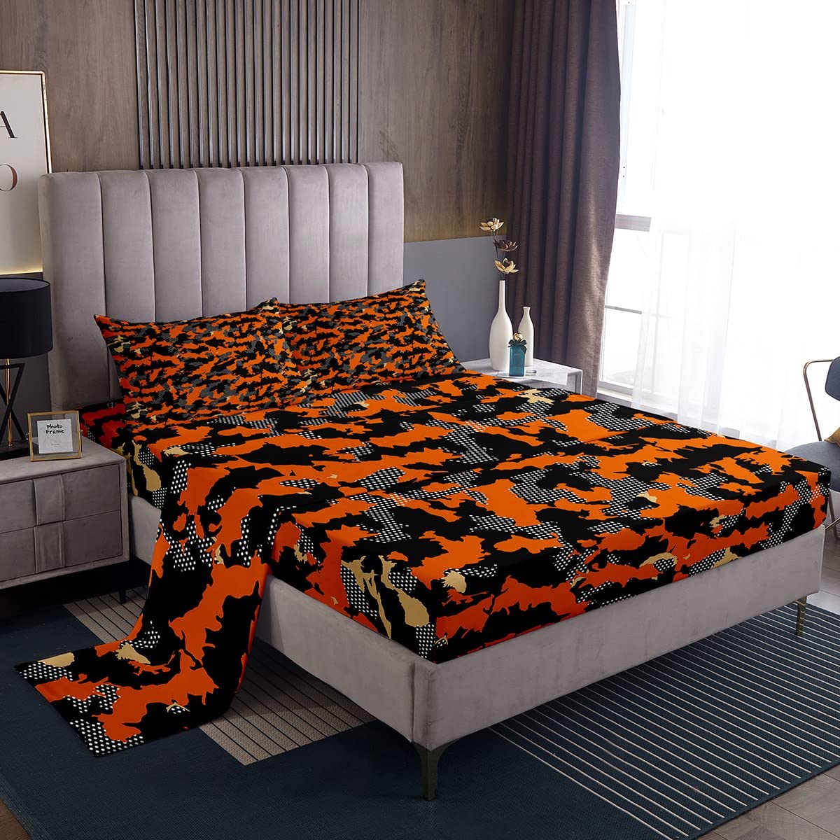 Kids Boys Camo Bed Set Army Camouflage Sheet Set for Girls Teens Youth Man Colorful Pattern Art Decor Bed Sheets Black Orange Sheets Bedroom Collection 4Pcs Full Size
