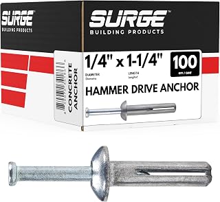 Surge Building Products 1/4" x 1-1/4" Hammer Drive Concrete Anchors (100/Box) - Mushroom Head Nail Drive Fasteners for Brick, Block & Stone