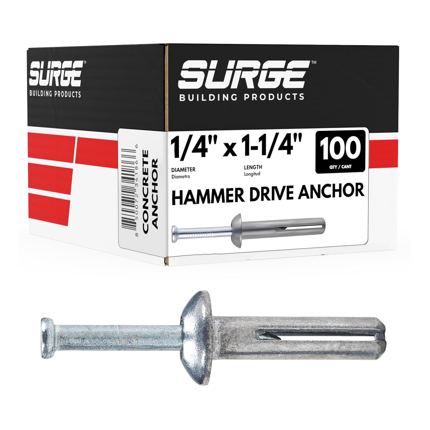Surge Building Products 1/4" x 1-1/4" Hammer Drive Concrete Anchors (100/Box) - Mushroom Head Nail Drive Fasteners for Brick, Block & Stone