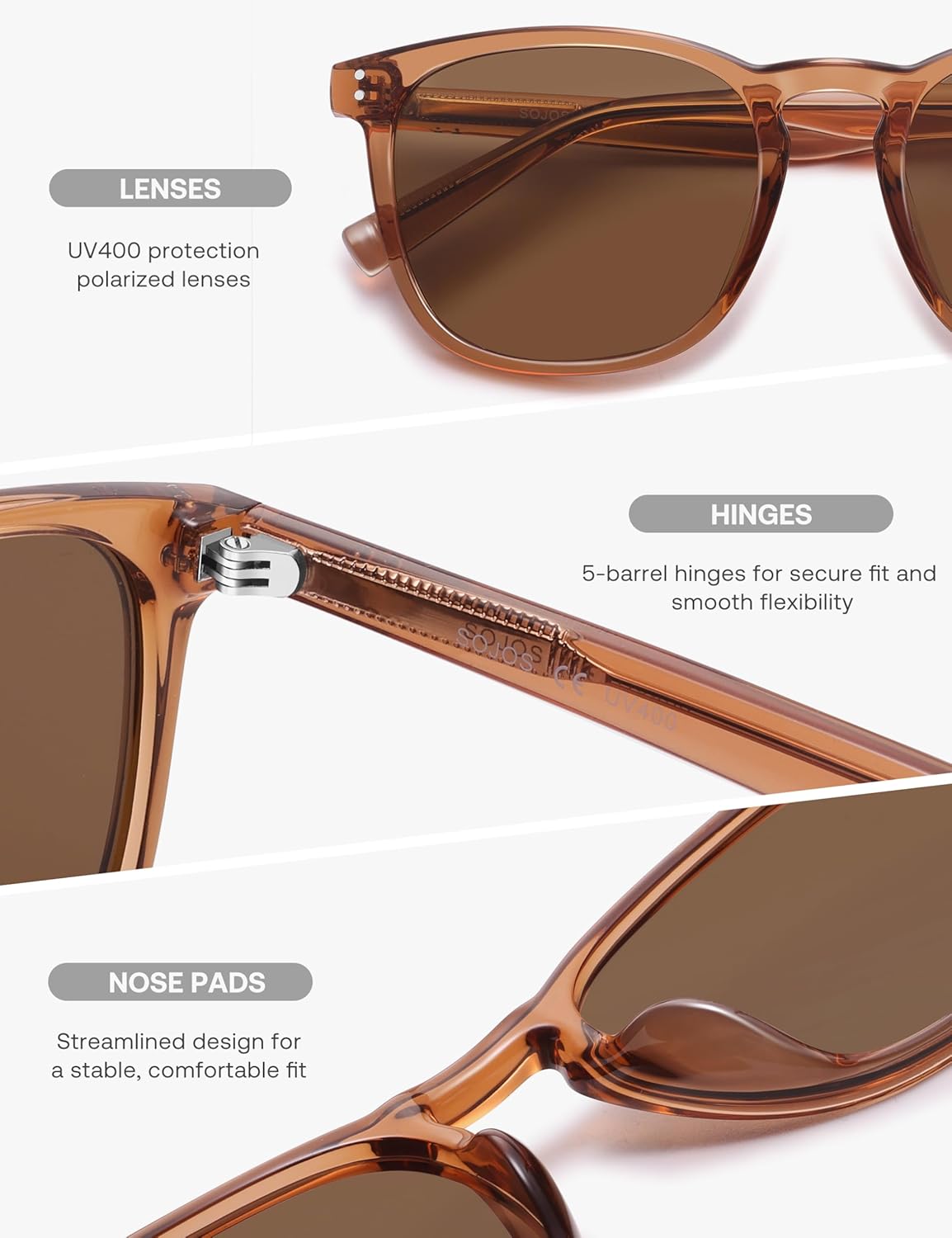 SOJOS Unisex Rounded Square Polarized Sunglasses TR90 Frame UV400 Protection Lightweight Retro for Women & Men
