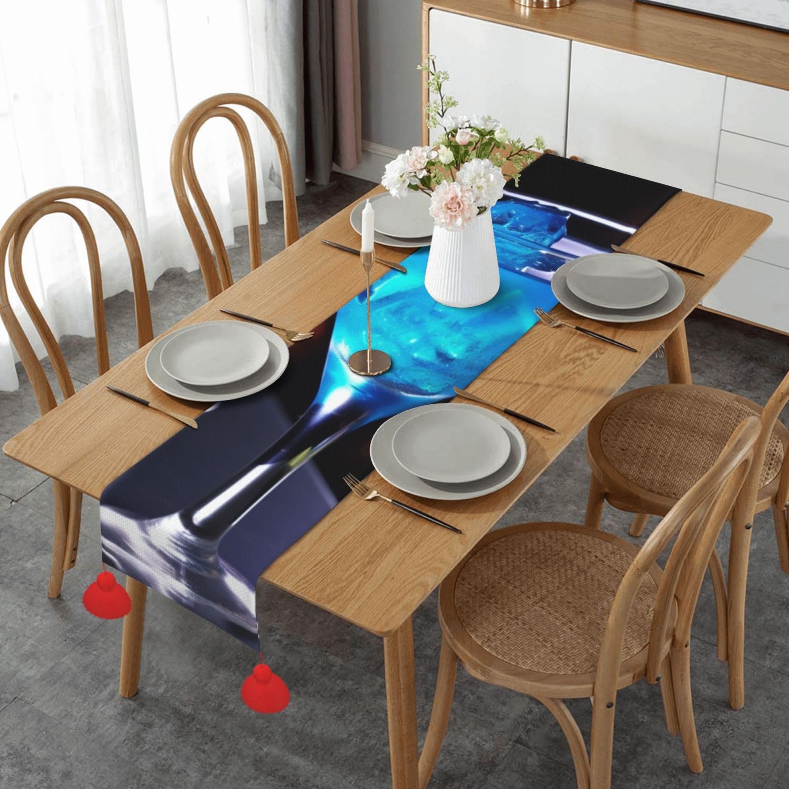 Chemin de table en lin tissé bleu haut de gamme pour table d'art
