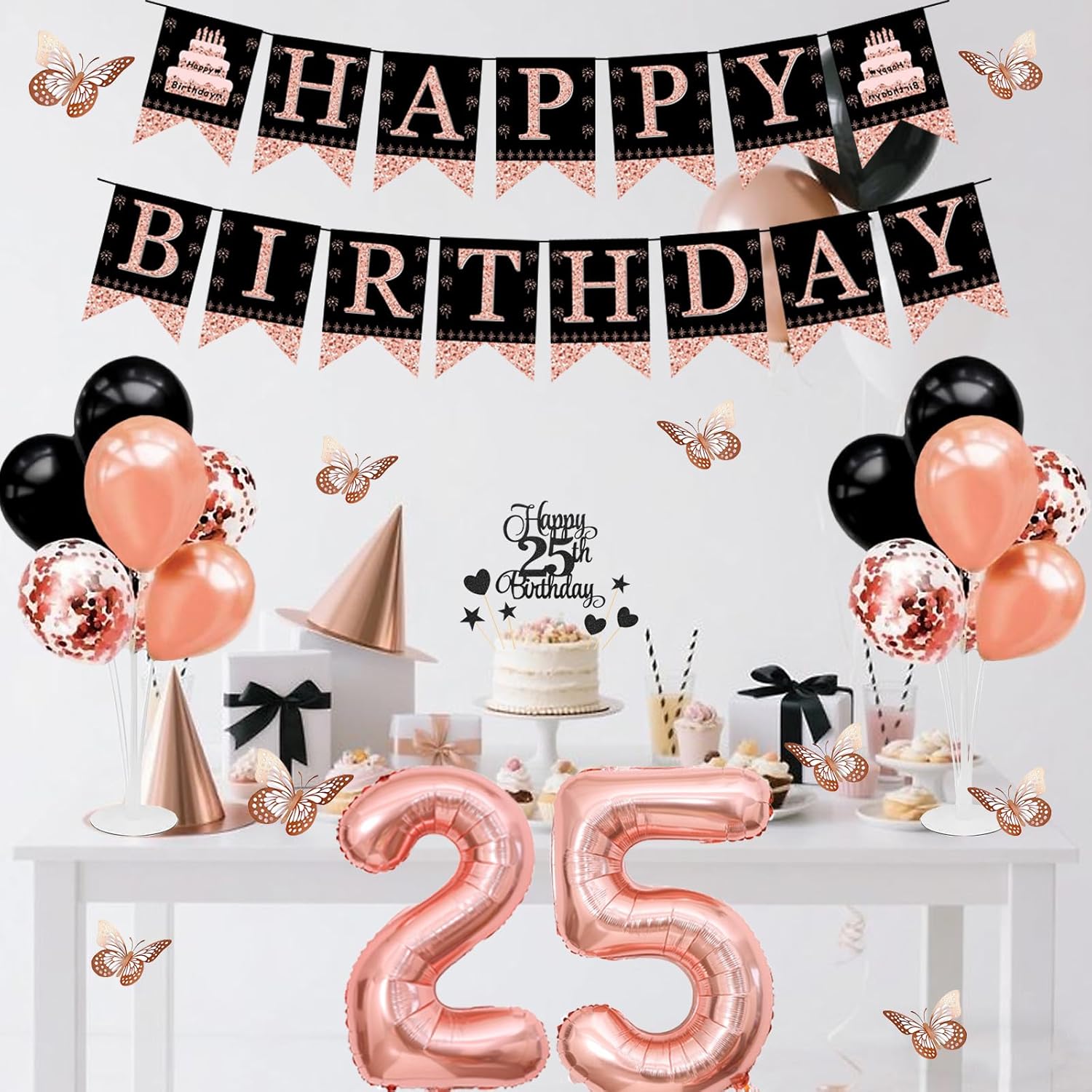 25th Birthday Decorations for Women - 56pcs Rose Gold Happy 25th Banner, Rhinestone Crown & Sash, Cake Topper, 40 Balloons, 3D Butterflies & 4 Balloon Stands (25) - Image 8