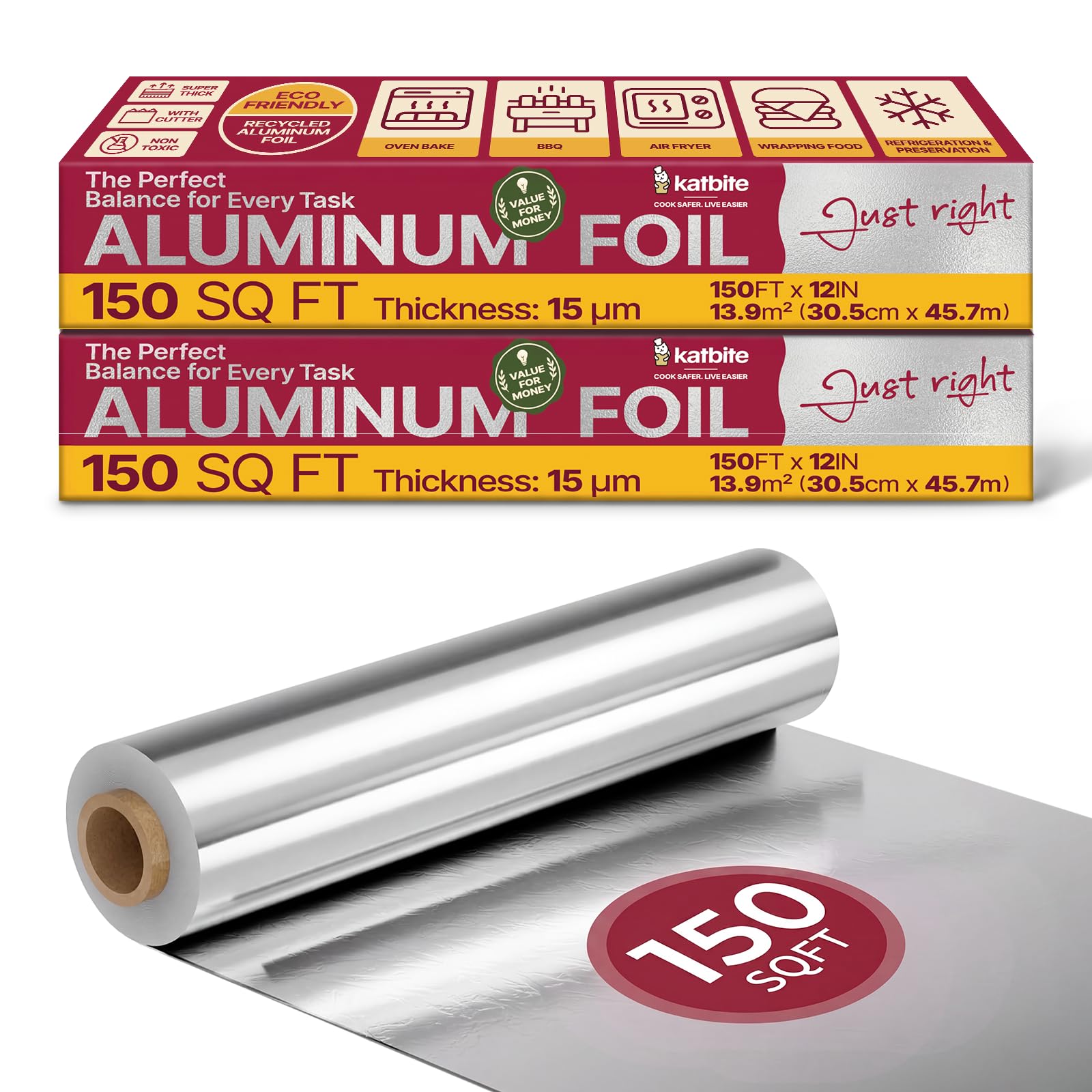 Katbite Aluminum Foil Roll, 15 Micron, 12 in x 150ft, 150sqft, 2 Pack