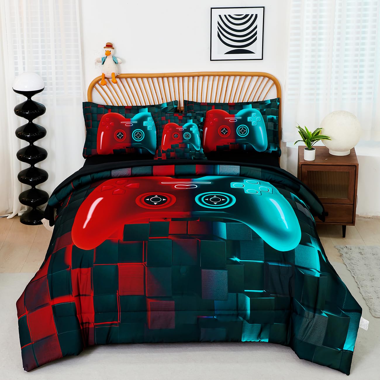 PERFEMET 6 Pcs Gaming Comforter Sets for Teen Boys Red and Teal Game Kids Bed in A Bag with Sheet Set 3D Cool Soft Lightweight Video Game Bed Set(Red