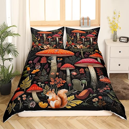 Miniatura 120 de Juego de funda de edredón de 3 piezas, diseño de hongos, diseño de hojas botánicas de acuarela y fresa, para niños, adolescentes, adultos, libélula