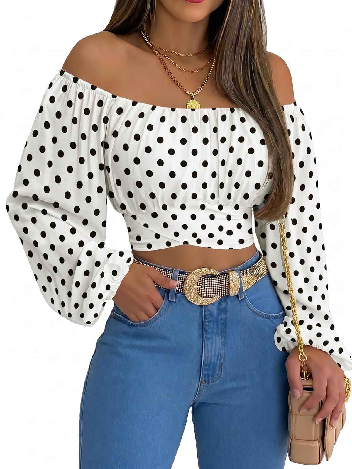 MIRACMODA Woman Off Shoulder Ruched Tie Back Crop Top Summer Lantern Sleeve Boho Shirt Blouse Lantern Sleeve