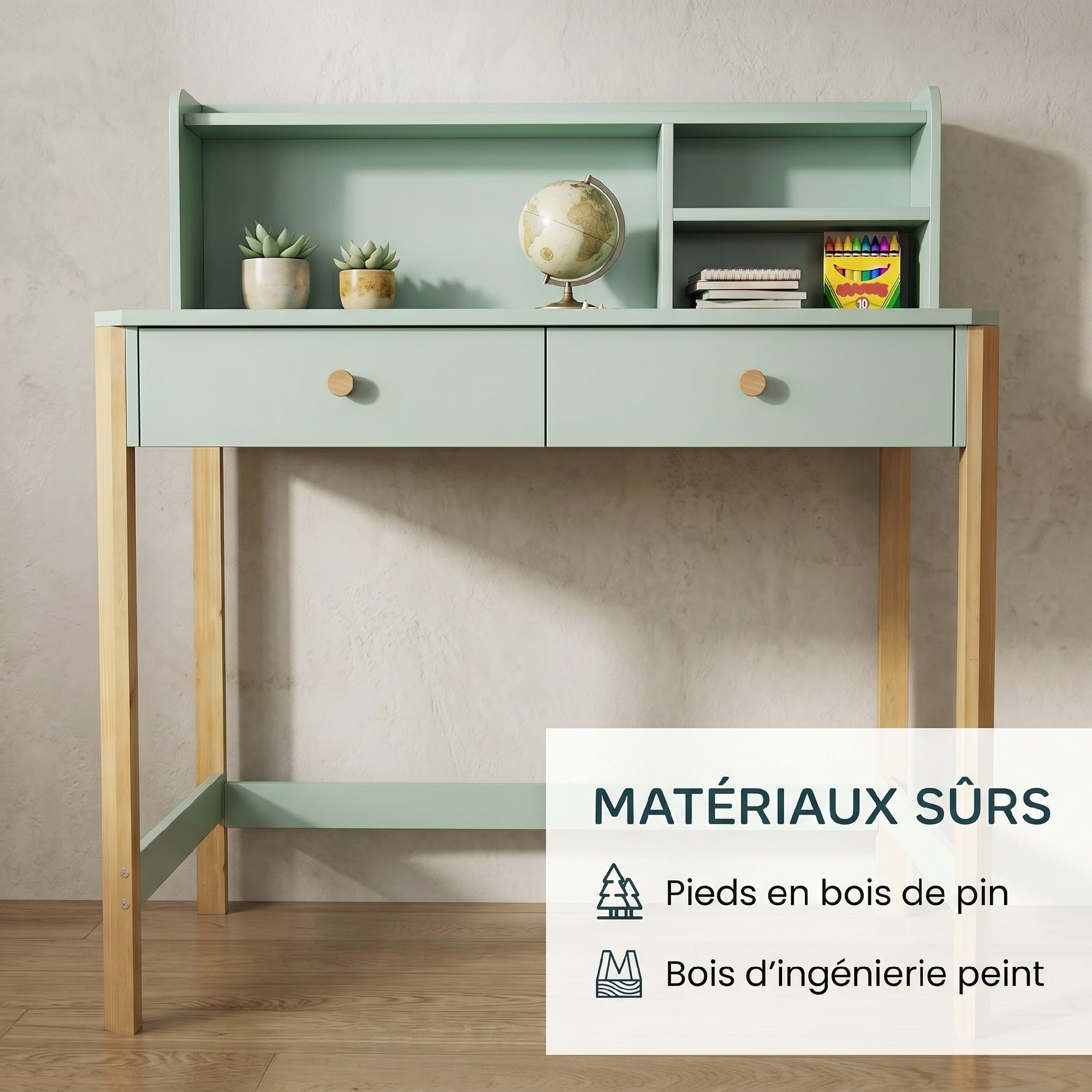 AIYAPLAY Bureau Enfant en Bois avec Grand Plateau 75H cm, 2 Tiroirs, 3 Compartiments Ouverts, Table Étude Dessin Lecture, 5-12 Ans, Vert