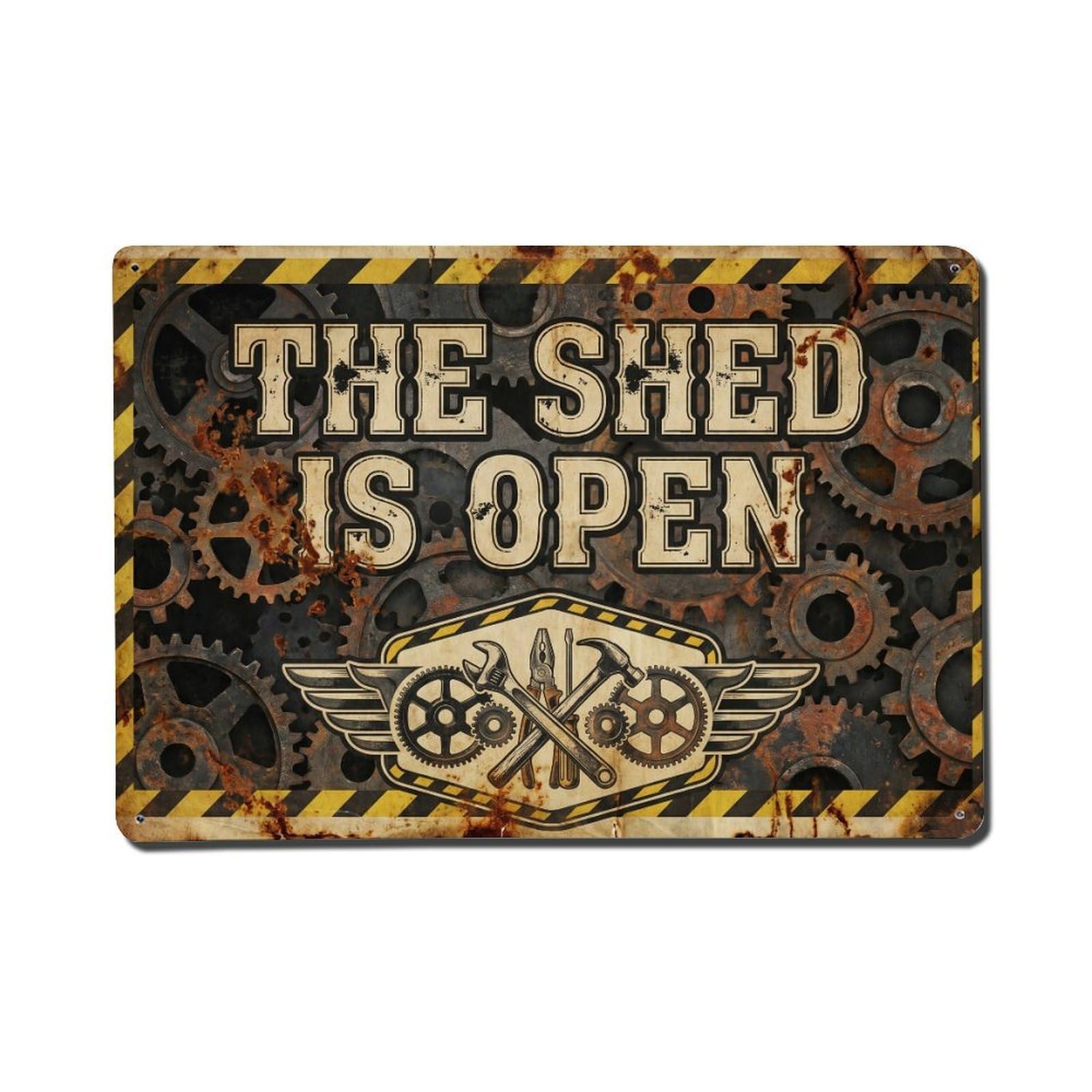 Workshop Shed Open Tinkering Tools Repair Metal Tin Sign Plaque Wall Decor for Cafe, Man Cave, Club Bar, Office, Home Garden Round Metal Poster 8x12Inch