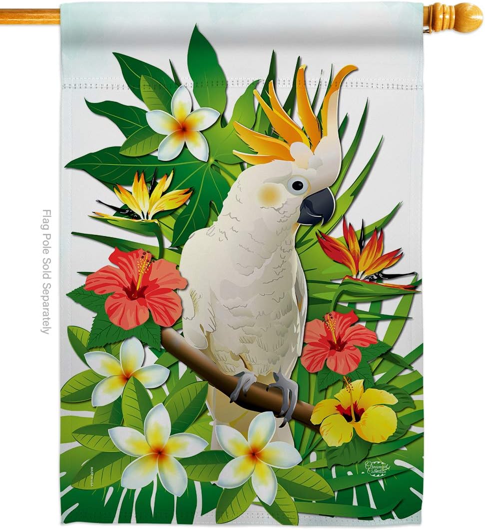 Tropical Cockatoo House Flag Summertime Ocean Beach Seashells Pineapple Outdoor Summer Aloha Small Decorative Gift Yard Banner Double-Sided Made In USA 28 X 40