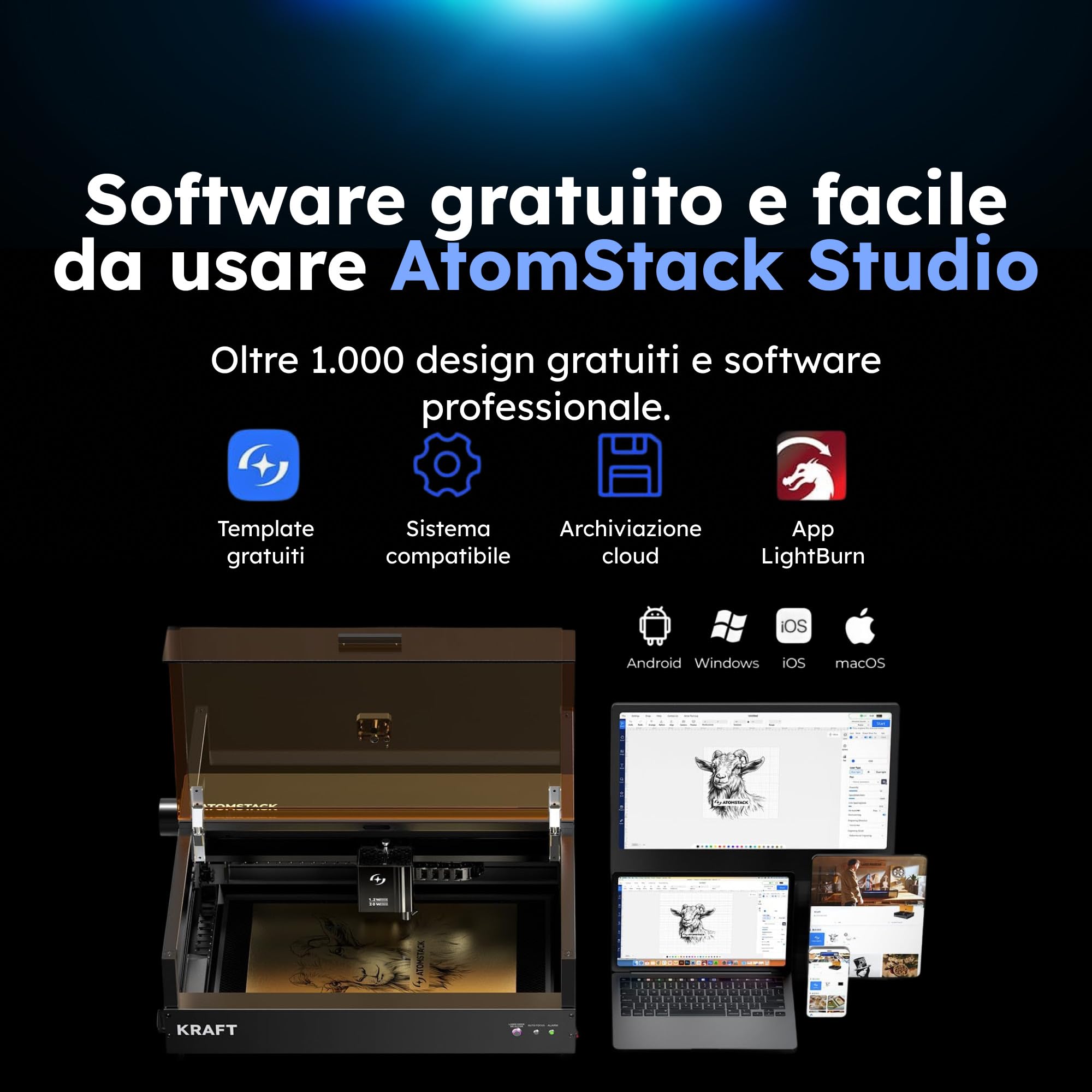 AtomStack Kraft, macchina per incisione laser a doppia messa a fuoco laser, 20 W e 1,2 W, kit base a infrarossi, 600 mm/s, chiusa, 50 x 32 cm, per metallo, legno, pelle