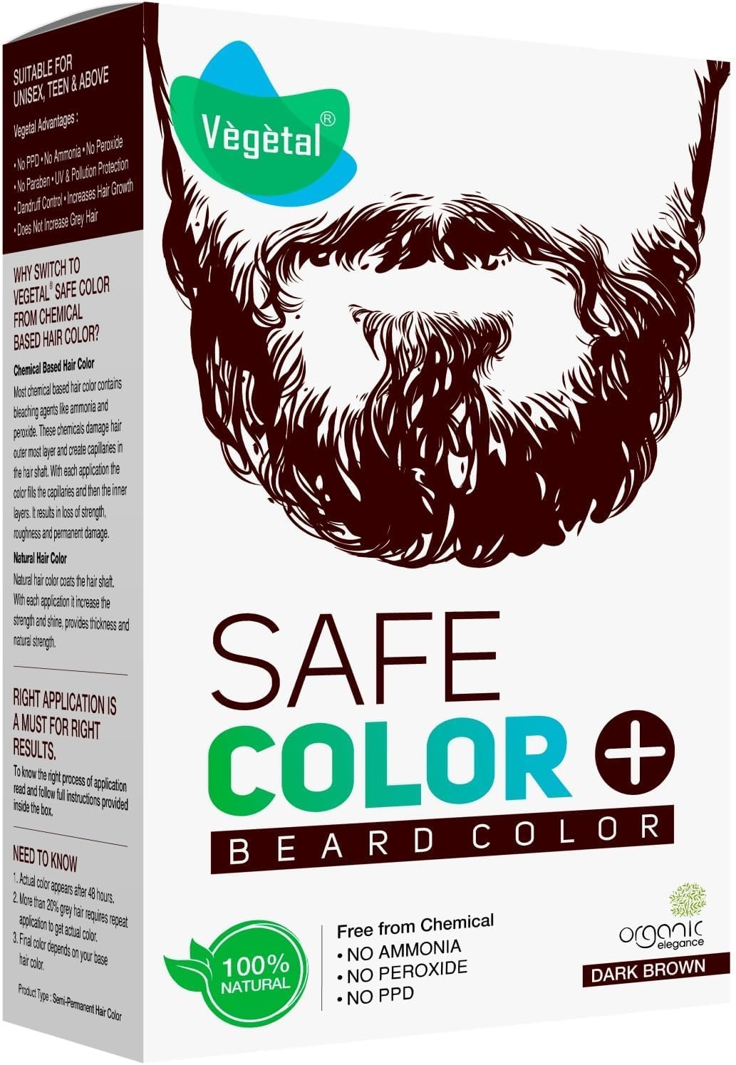 Vegetal Safe Hair Color -Dark Brown 25gm - Certified Organic Chemical and Allergy Free Bio Natural Beard Hair Color with No Ammonia Formula & PPD