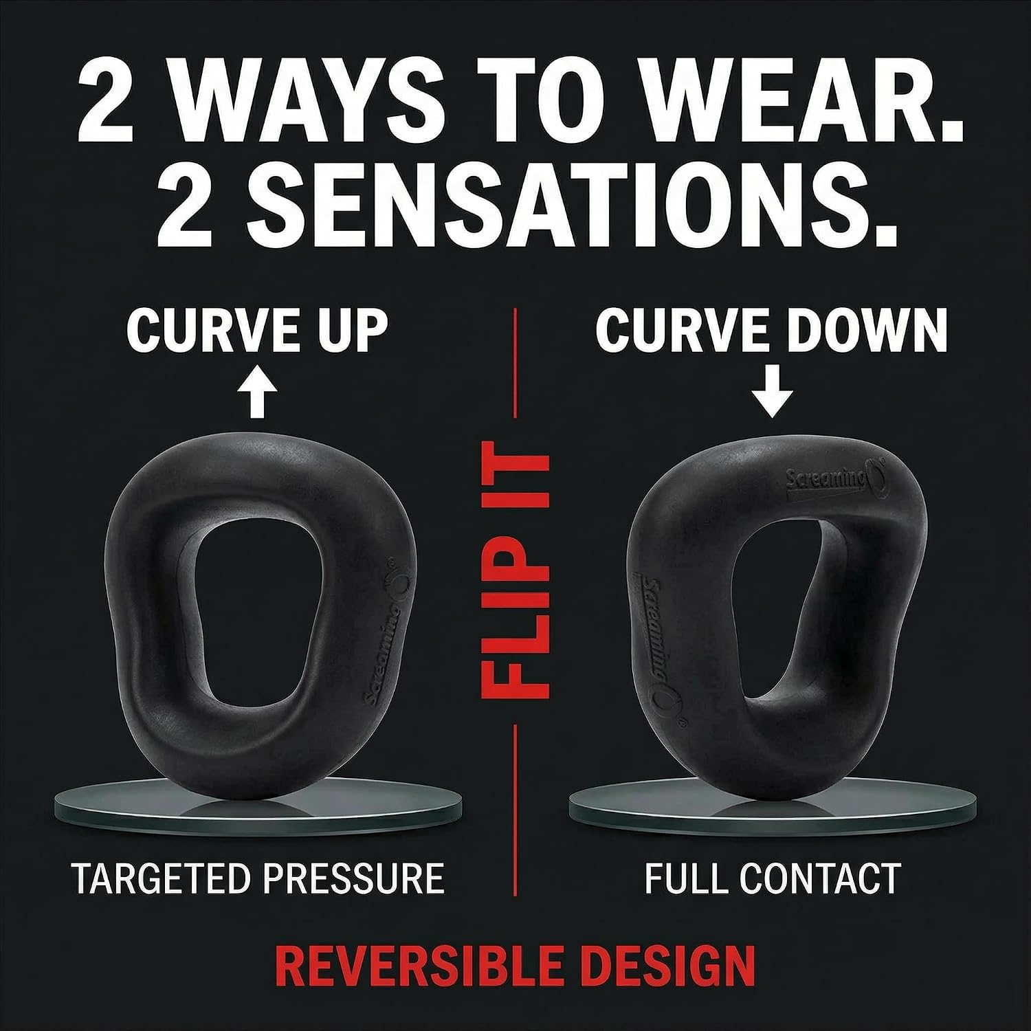 SwingO Curve Cock Ring - Penis Ring - Couple Sex Toys - Dick Rings for Mutual Pleasure - Cockring - Black | Contoured silicone ring for men's reversible wear; dual-sensation fit, undercarriage contour, stretchy, body-safe