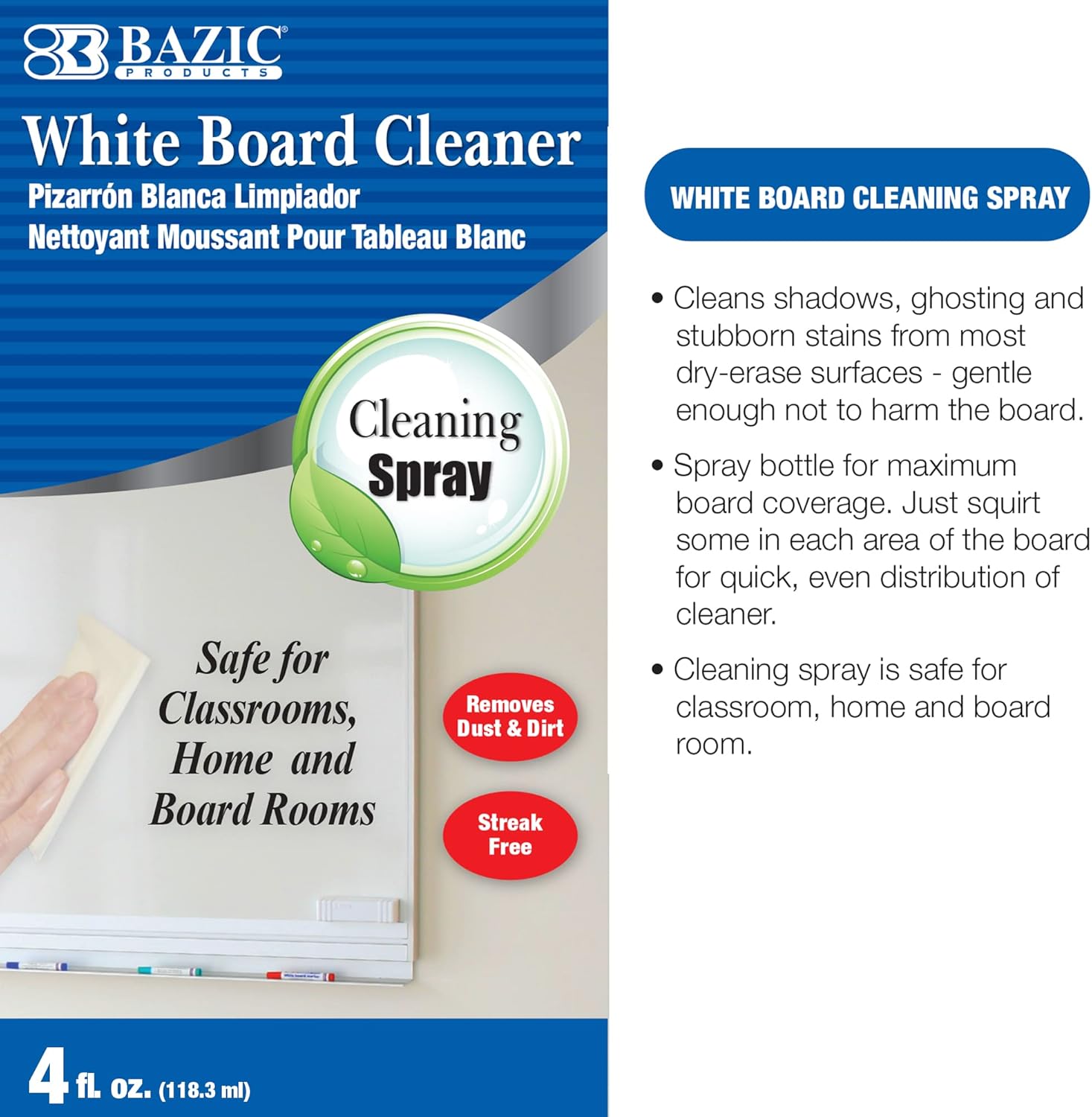 BAZIC Products Whiteboard Cleaner 4Oz, White Board Cleaner, Dry Erase Board Liquid Cleaner, Low-Odor Cleaning Spray, Removes Marks Ghosting Shadowing, 24-Pack