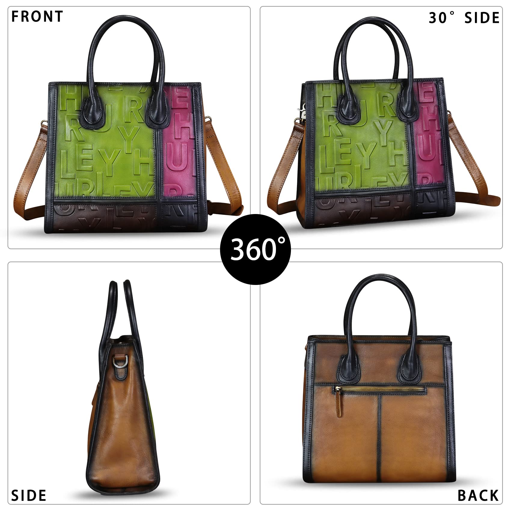 Genuine Leather Satchel for Women Embossed Leather Handbag Top Handle Handbags Handmade Purse Crossbody Work Tote Bag (Multicolor2)