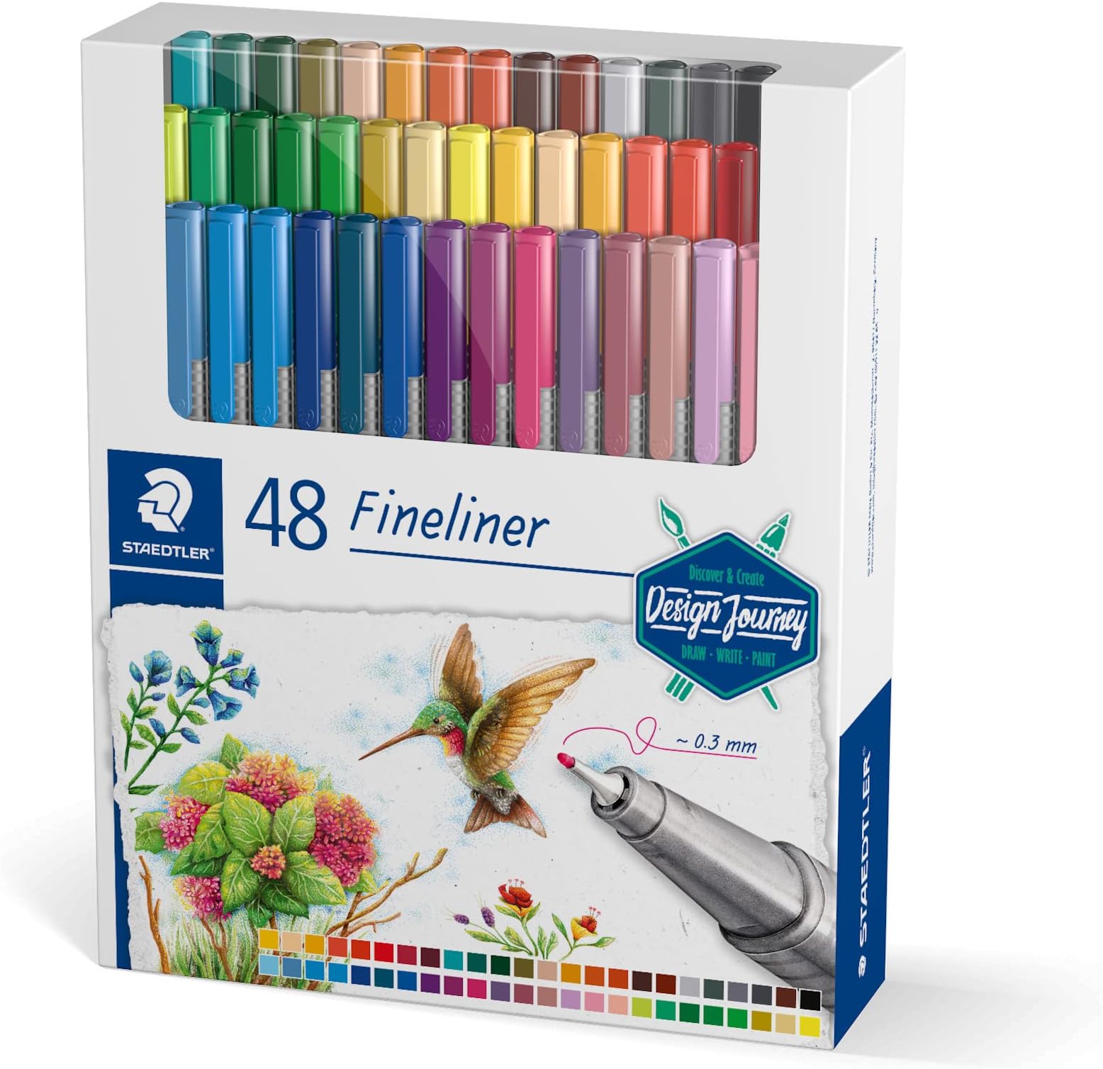 STAEDTLER Triplus Design Journey 334 C48-C Fineliner Pens Ergonomic Triangular Shaft Metal-Coated 0.3 mm Tip Long Lasting 48 Fineliners in Assorted Colours in Cardboard Case