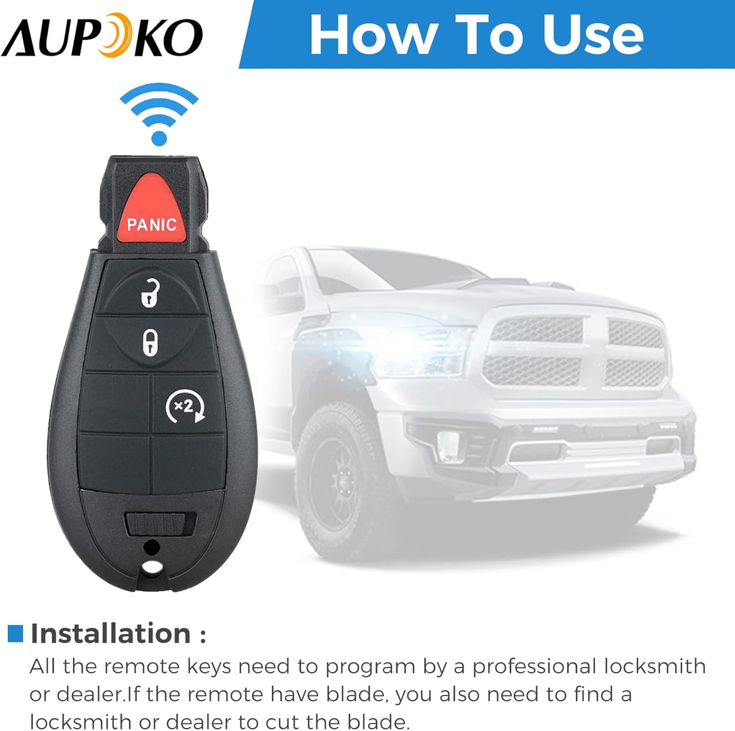 Aupoko GQ4-53T Key Fob Replacement for 2013-2021 Dodge Ram 1500, for 2013-2018 Dodge Ram 2500 3500 4500 5500, Keyless Entry Remote Start Control Replacement, 4 Button, Replaces 56046955 GQ4-53T, 2Pack