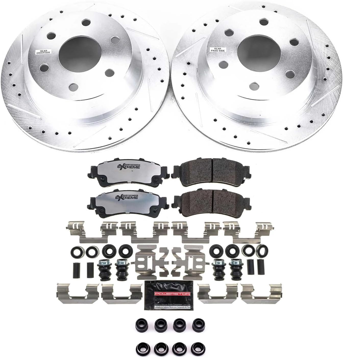 PowerStop Rear Brake Kit For Chevrolet Silverado 1500 1999-06 |Tahoe 2000-02 |GMC Sierra 1500 1999-06 - Truck & Tow Carbon Fiber Ceramic Brake Pads + Drilled & Slotted Rotors Upgrade, K2018-36