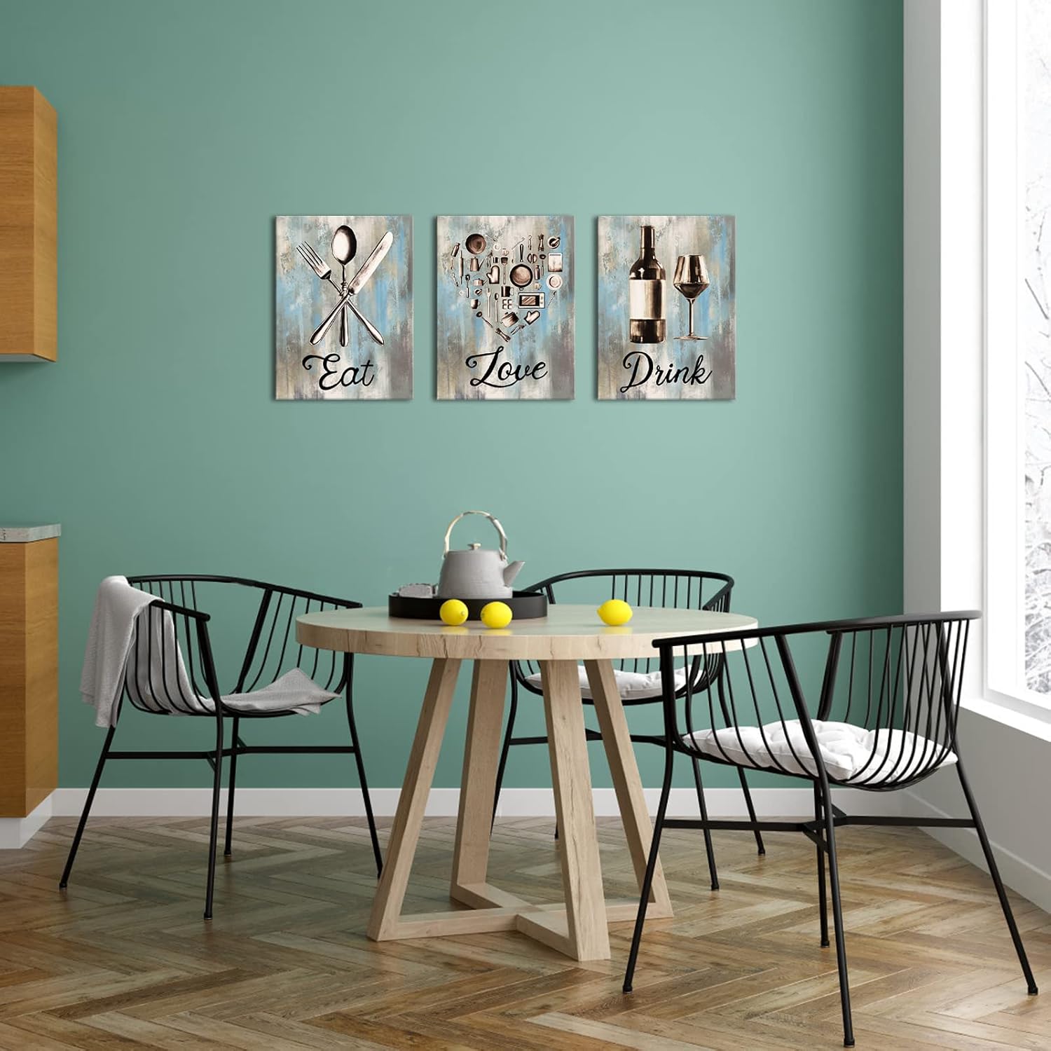 LyerArtork Home Kitchen Pictures Wall Art Vintage Utensils Canvas Prints Eat Love Drink Sign Paintings Teal Grey Artwork for Dining Room Decorations 12x16inchx3 pcs