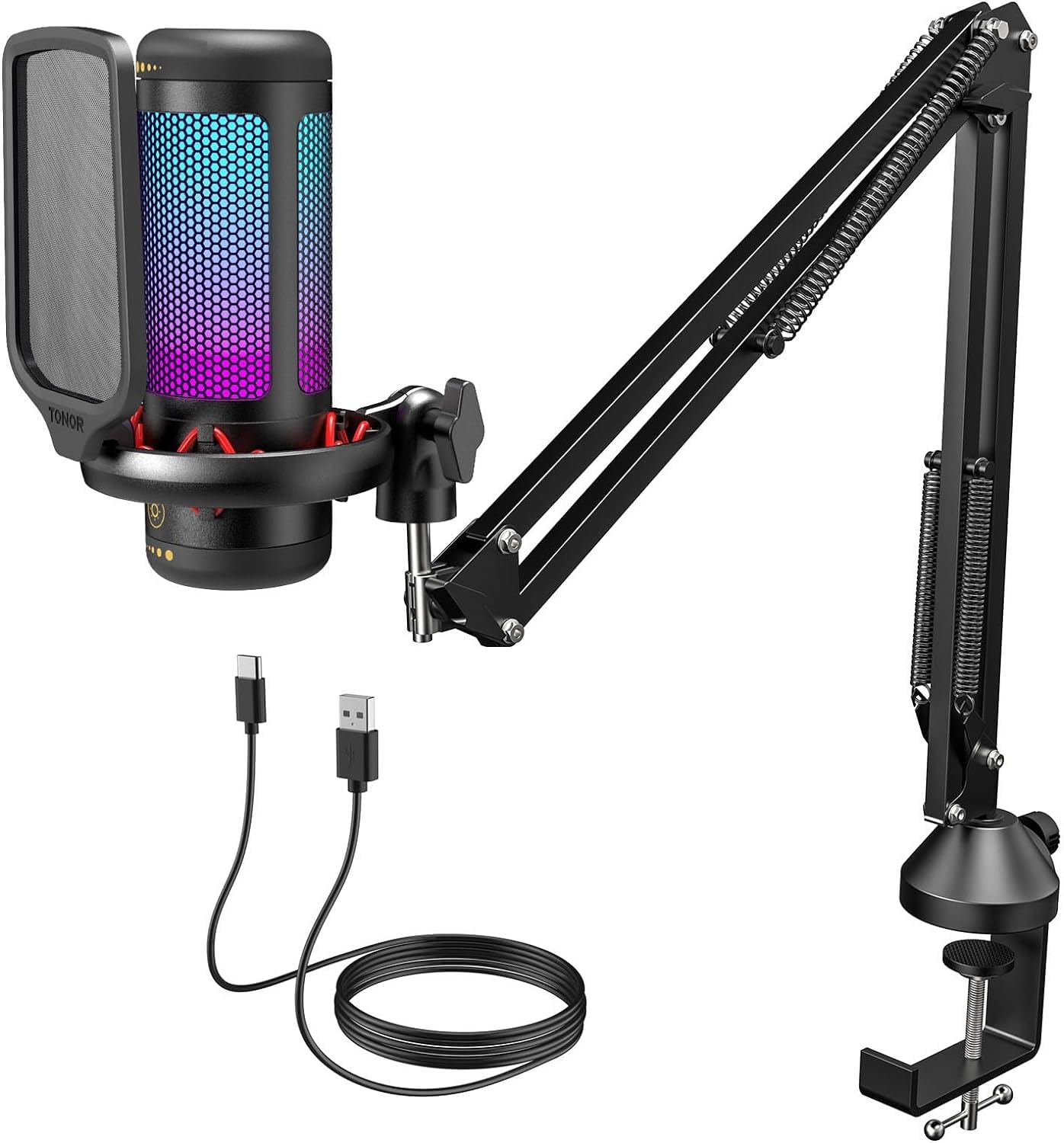 TONOR Gaming Mic, Microfono USB con Supporto per Braccio, Micro a Condensatore Cardioide con RGB e Luminosità Regolabili, Mute Rapido, Controllo del Guadagno, per Streaming, Gaming TC310+