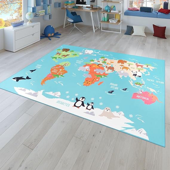 TT Home Tapis de Chambre pour Enfants TT Home - Motif Carte du Monde avec Animaux, Coloris Vert