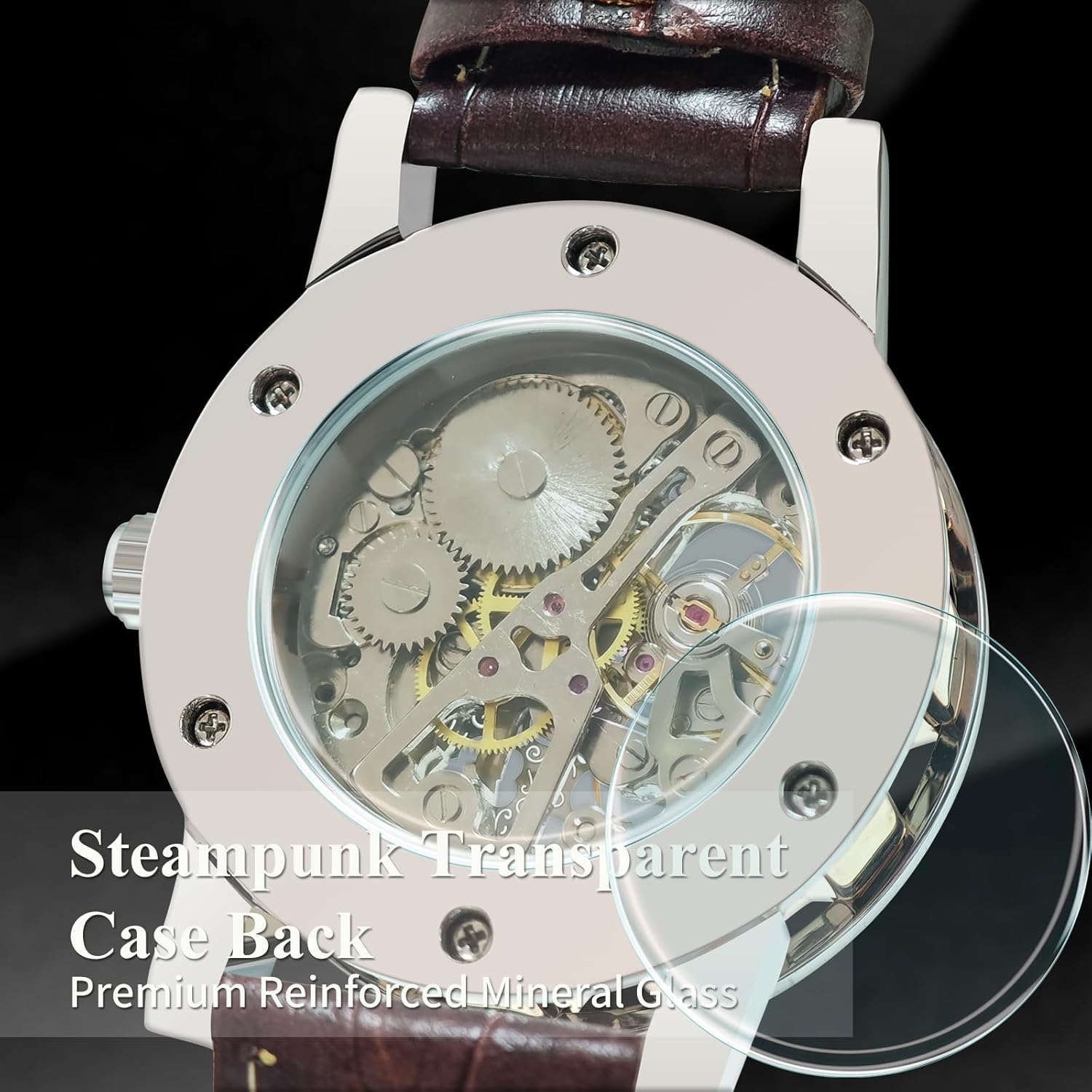 Gute Men's Watch, Mechanical Skeleton Hand-Wind Steampunk Bling Watch for Men Women, Roman Numeral PU Leather Silver Rose-Gold Case Unisex Wrist Watch - Image 5