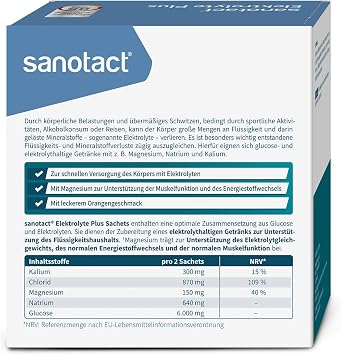 sanotact Electrolyte Plus (160 Bags) • Electrolyte Powder for Liquid Balance • Potassium & Magnesium for Electrolyte Balance • 100% Vegan • Hydration • Orange Flavour