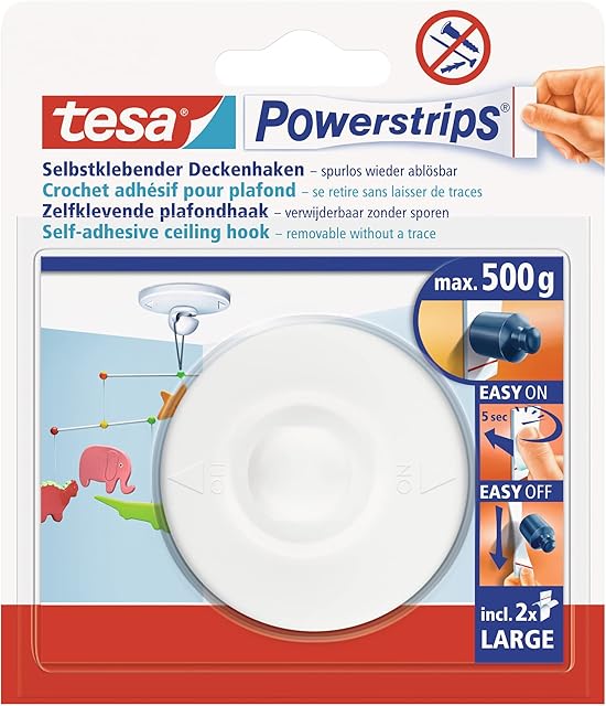 tesa Powerstrips Ceiling Hook - Adhesive Hook for Ceiling Decorations and Hanging Fixtures - Plastic Hook in White with tesa Powerstrips Large, Holds up to 500 g