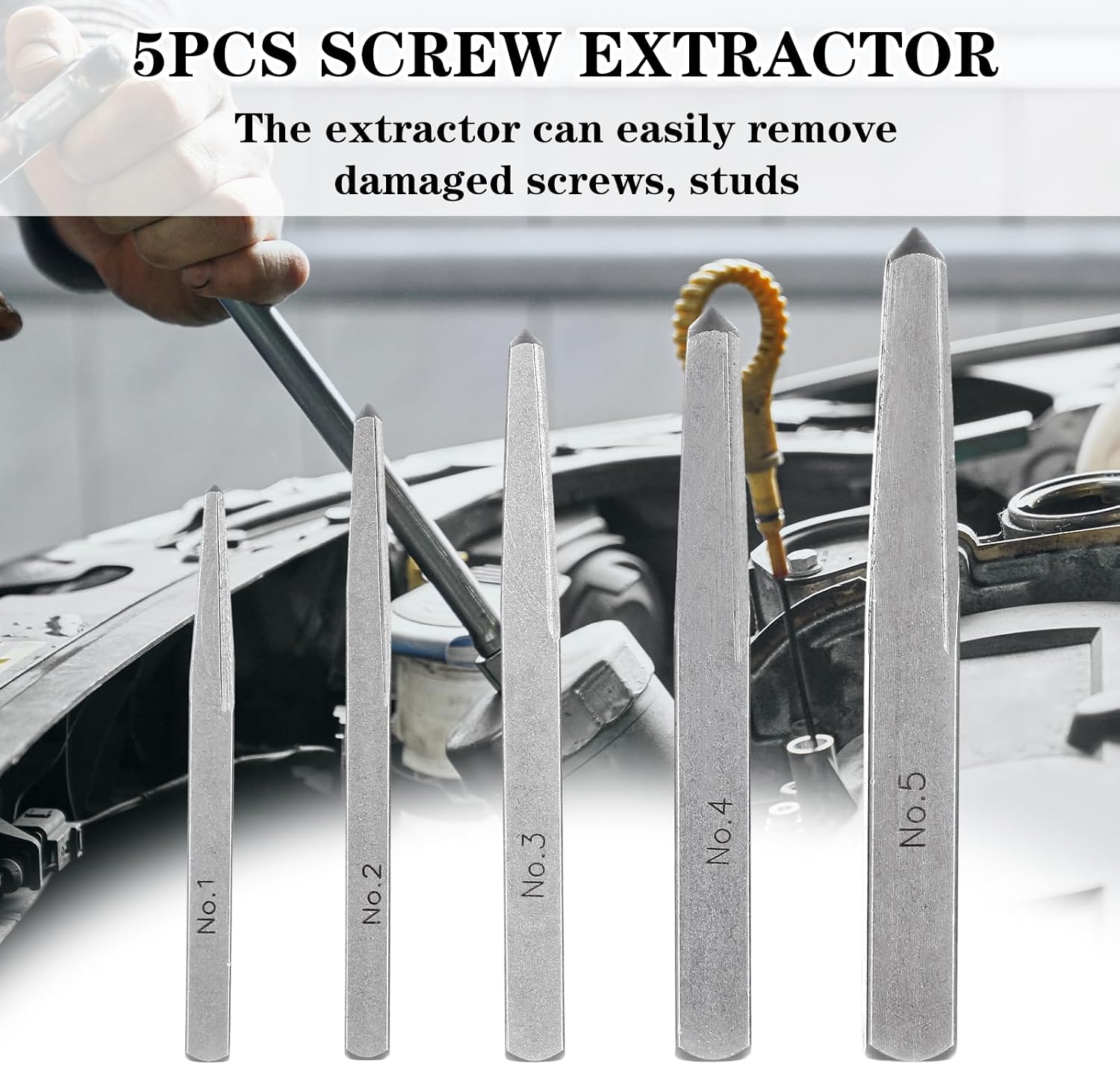 Yuanchu 5 Pieces Straight Fluted Screw Extractor Set, Easy Out Bolt Extractor Set, Straight Fluted Screw Extractor Broken Damaged Bolt Removal Tool Square Type
