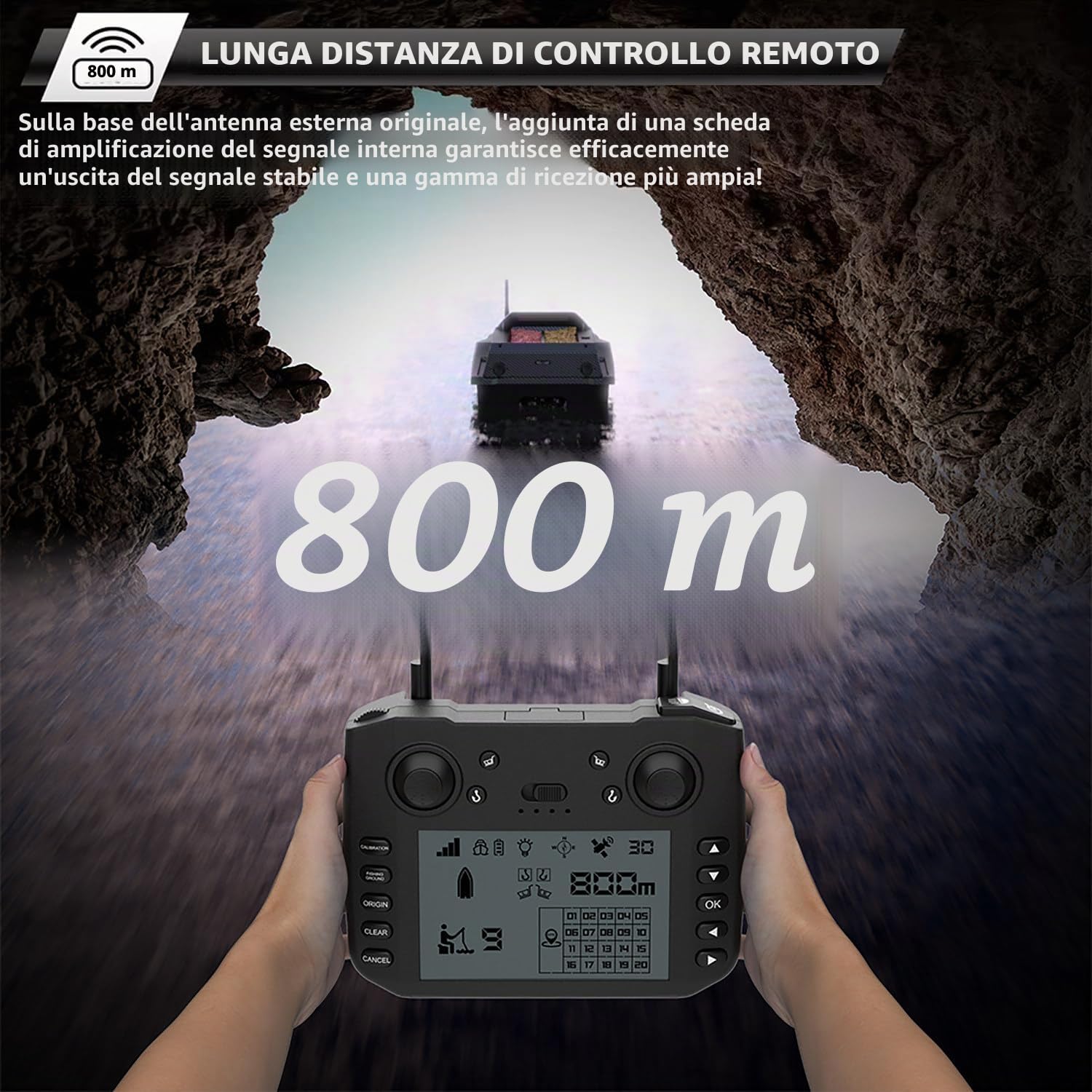 Barca Esca da Pesca RC con GPS ed Ecoscandaglio, Bait Boat Telecomandata, 180 Waypoint, Controllo 800 m, Serbatoi Esca 3 kg, Ritorno Automatico, Rilascio Amo e Rete, Nera
