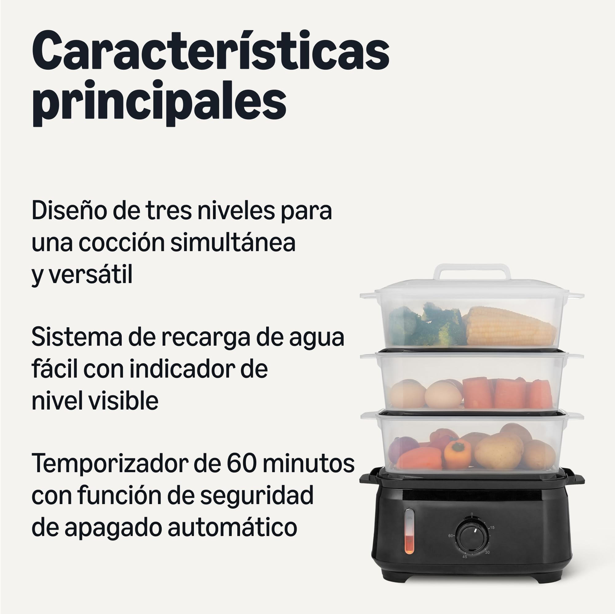 Amazon Basics Vaporizador Eléctrico de Alimentos para Cocinar Verduras con Diseño de 3 Niveles, sin BPA, 9L, 950W, Negro