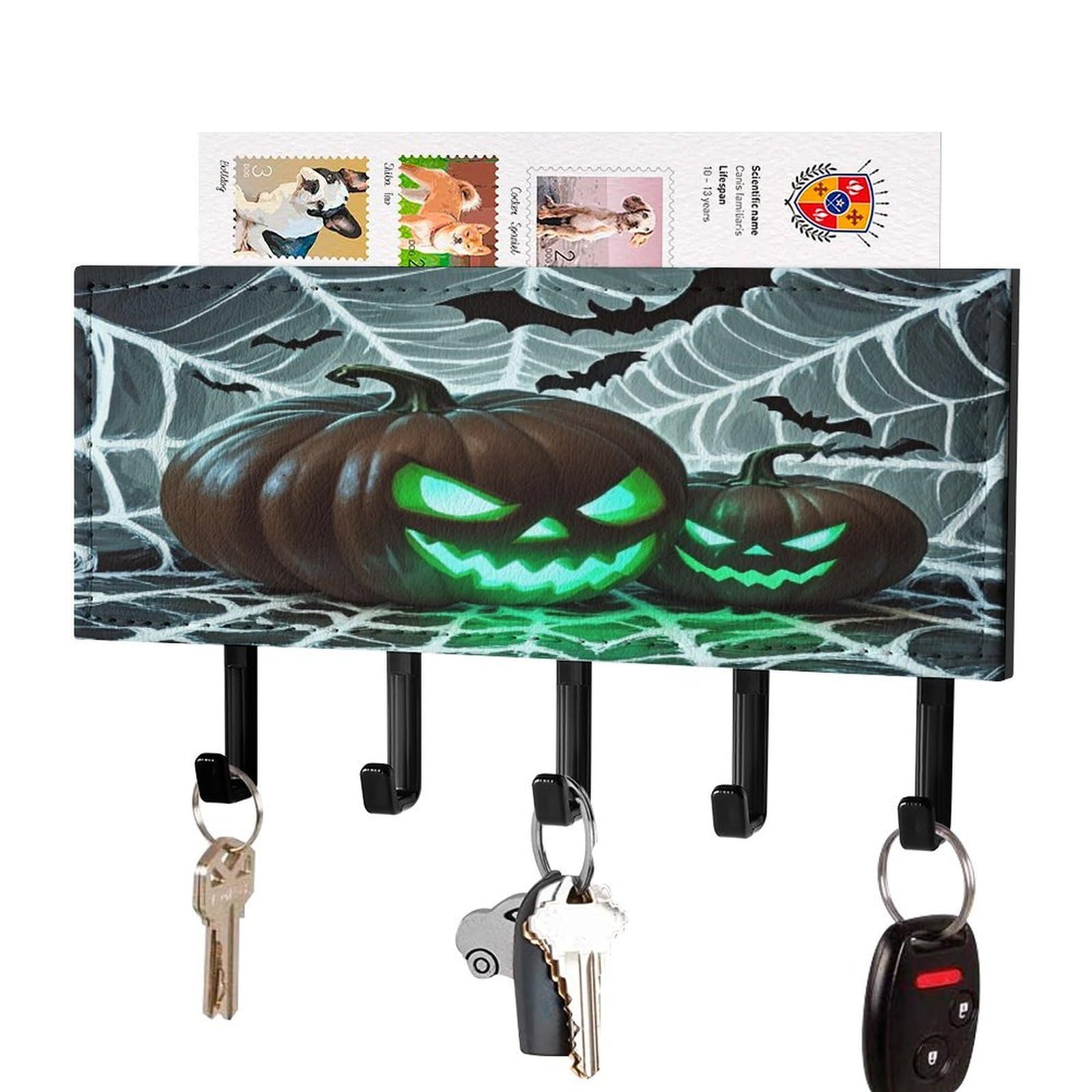 Fekiloot Black-Style Green Pumpkin Key Holder Wall Mount Key And Mail Holder Key Hanger With 5 Hooks Decorative Pu Key Rack Hanging Key Hooks For Wall Living Room Kitchen Bathroom Hallway