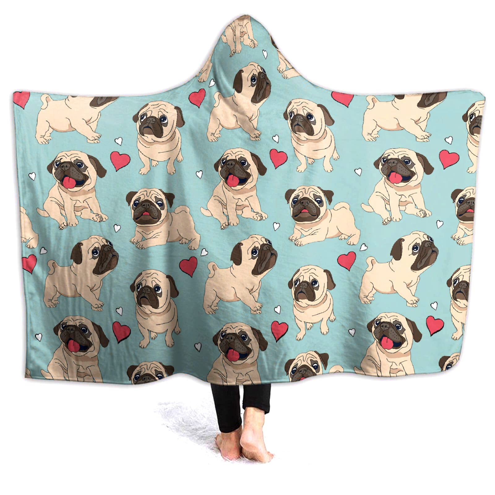 321DESIGN Pug Pet Dog Wearable Blanket Fleece Hooded Robe Cloak Throw Quilt Poncho Microfiber Sherpa Plush Warm Wrap Multiple-Size Child(50"x40"in)