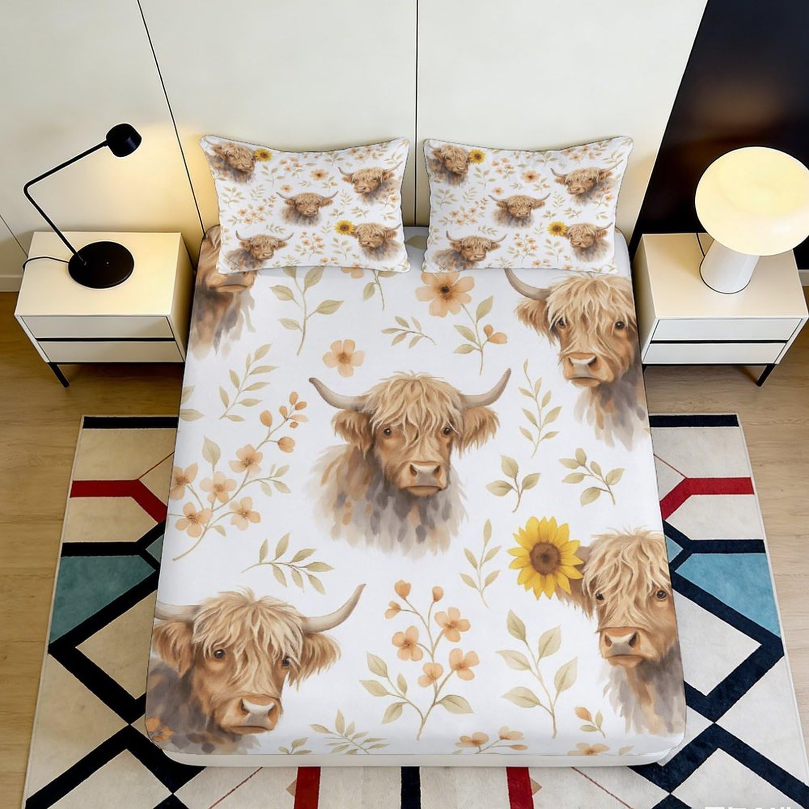 Pnayamiorkfel Style-5 3D Printed Highland Cow Floral Fitted Sheet Microfiber Soft Bed Sheet Rustic Animal Mattress Cover Bedroom Decor 90X200x25cm