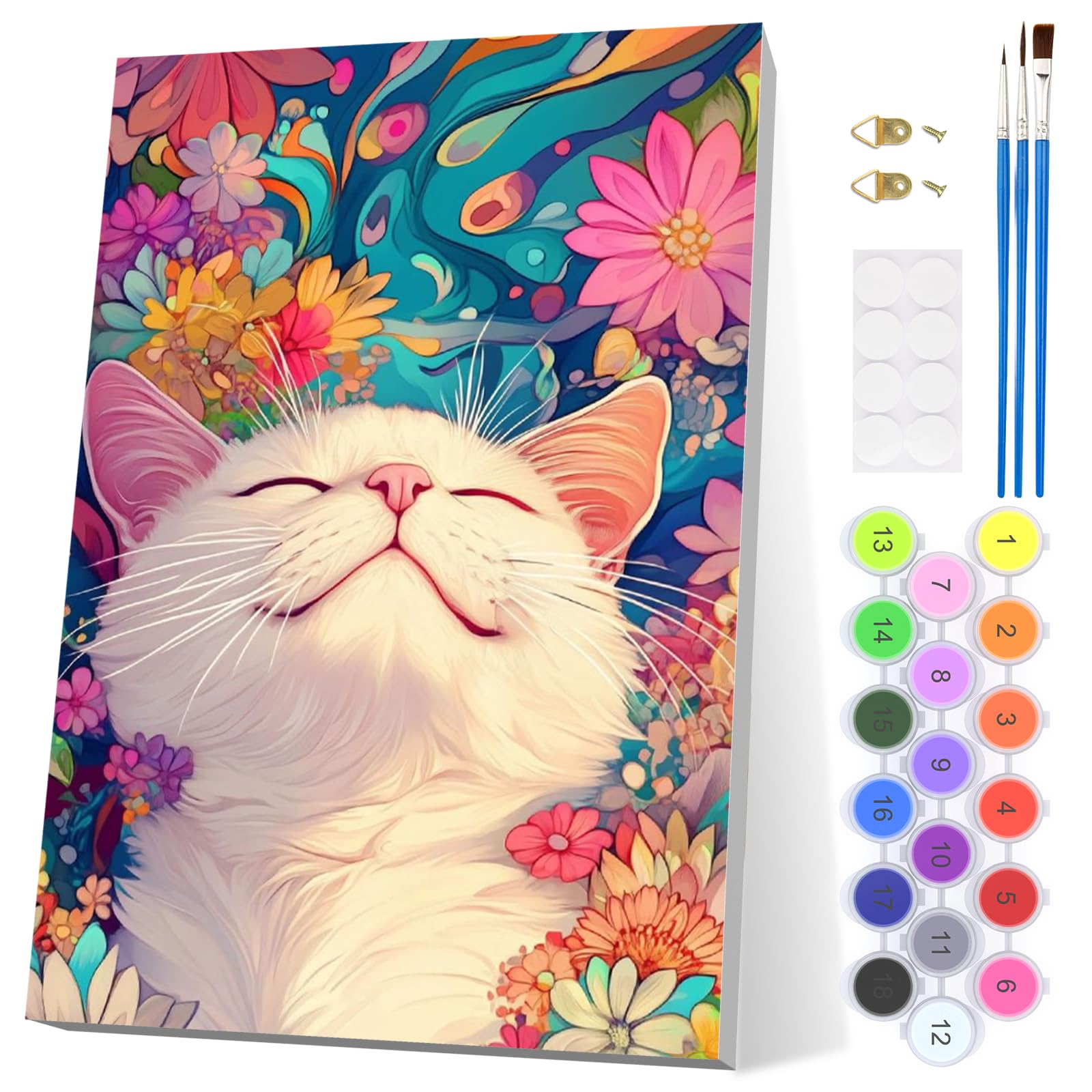 EOBROMD Cat Paint by Numbers for Adults with Frame, Animal Paint by Numbers Kits, Flowers Acrylic Easy Painting by Numbers for Gift Home Wall Decor (8x12in/20x30cm) — image 1