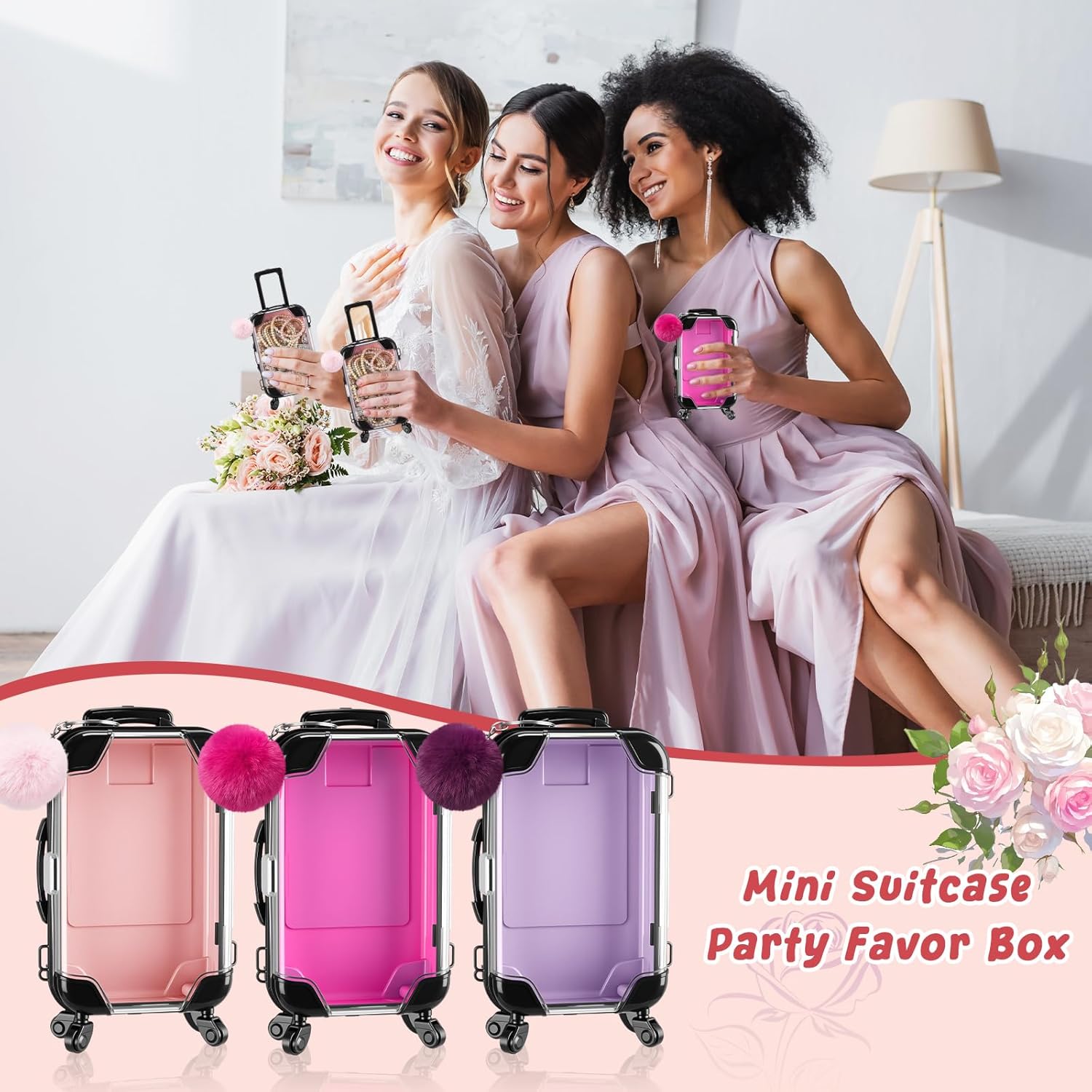 Gejoy 20 Pcs Mini Suitcase Party Favor Box with Plush Ball Keychains 7.48 x 3.15 x 1.97 Inches Empty Luggage Storage Box Clear Candy Packaging Containers for Baby Shower Travel Wedding (Multicolor)