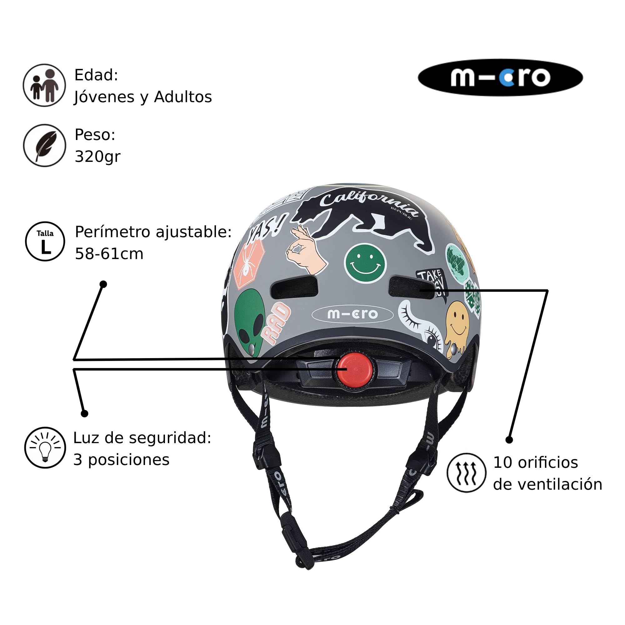 Micro® | Casco Infantil para Patinete o Bicicleta | Luz Trasera de Seguridad 3 Posiciones | Ultraligero 250 Gramos | Cierre Magnético | Niños y Niñas