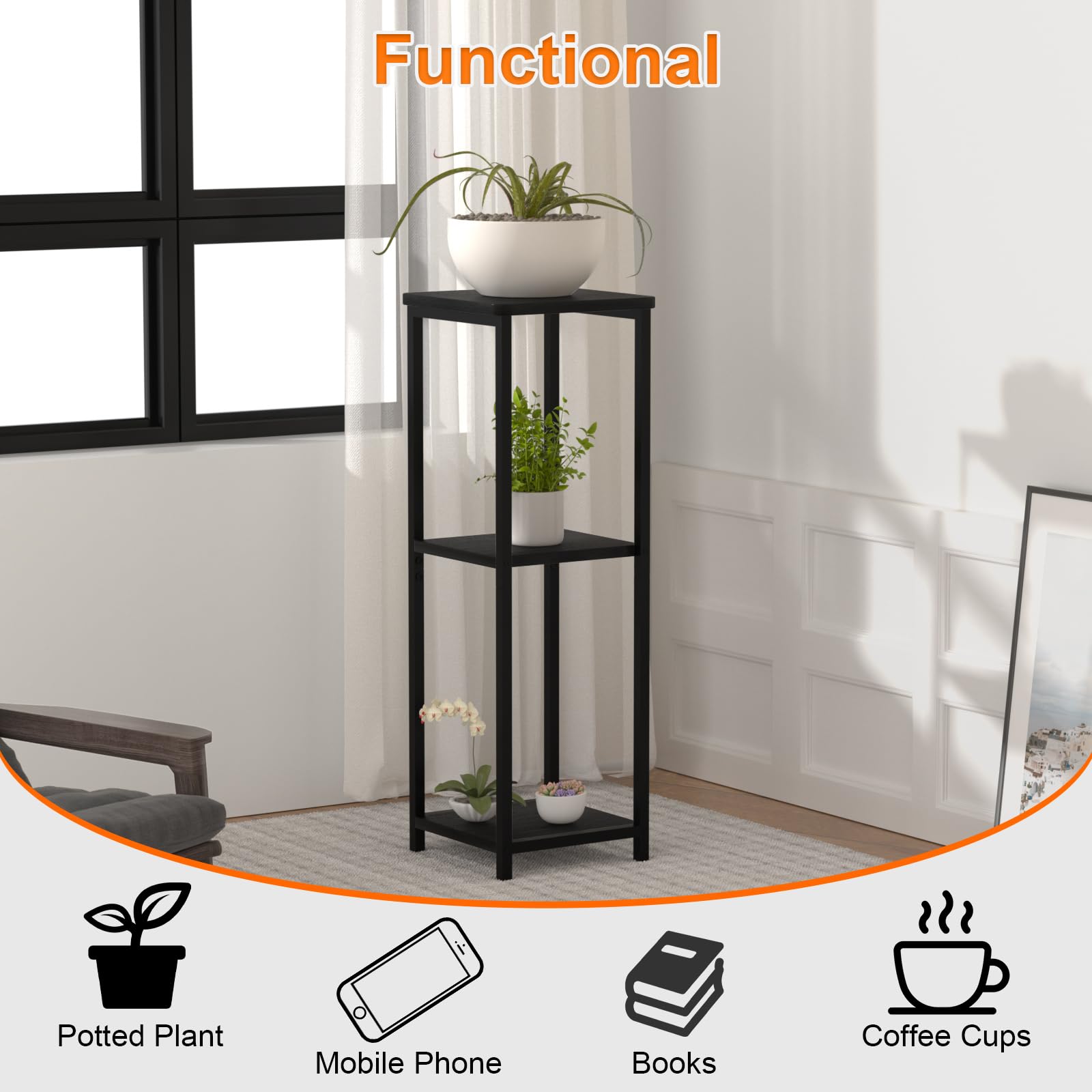 GHIMIGN 10" Wide Square Drink Table with Adjustable Feet - 3-Tier Small Side Table for Apartments, Balcony & Office | Space-Saving, Lightweight & Multi-Functional (Plants, Books, Drinks,Black) 4